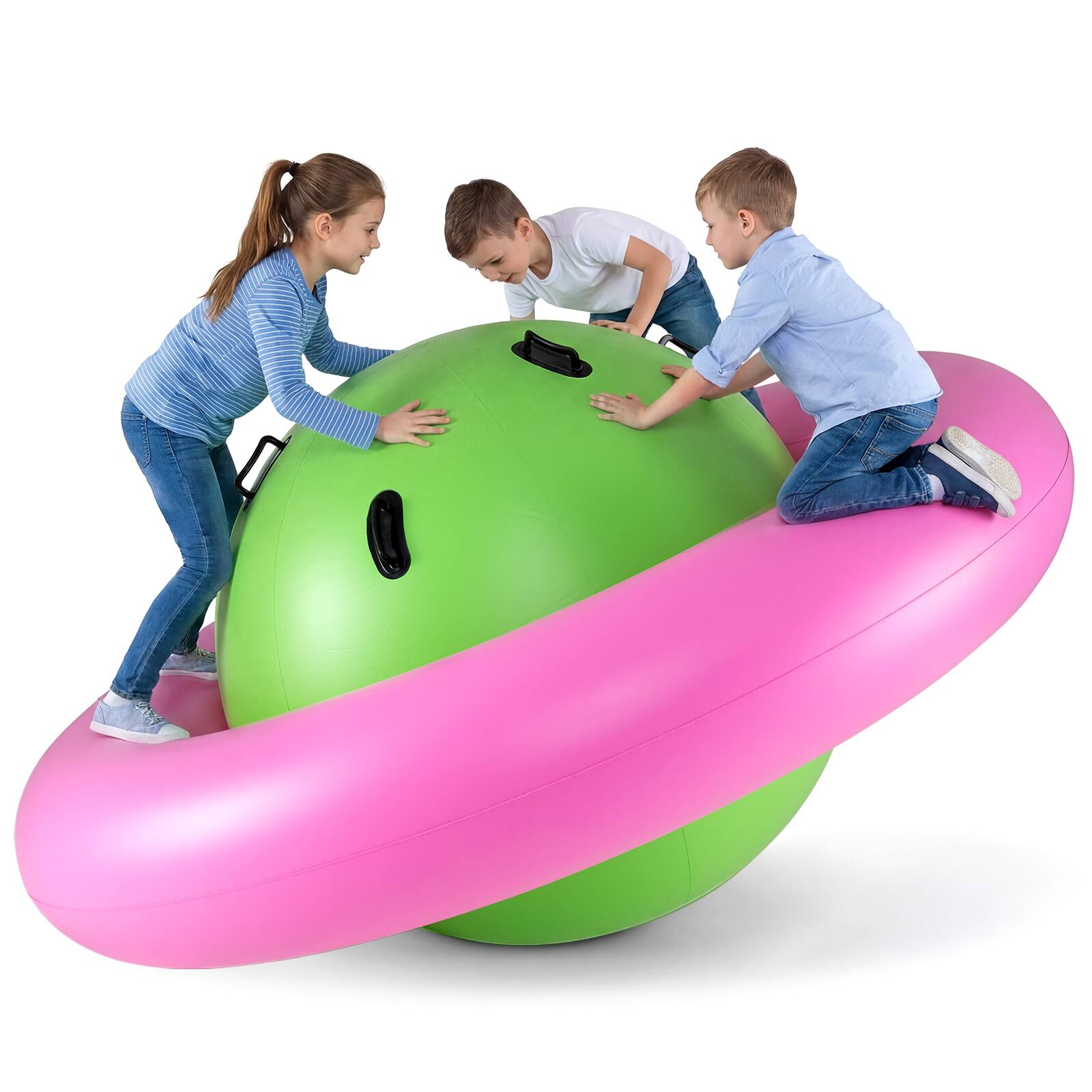 Alt View 1. Costway - Costway 7.5 FT Inflatable Dome Rocker Bouncer with 6 Handles Fun Outdoor Game for Kids - Pink & Green.
