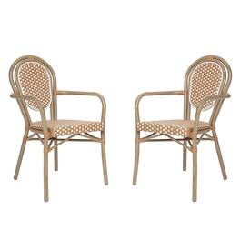 Emma + Oliver - Colmar Set of Two Indoor/Outdoor Stacking Thonet Bistro Style Chairs with Arms, PE Rattan Seat and Metal Frame - Natural & White/Light Natural Frame