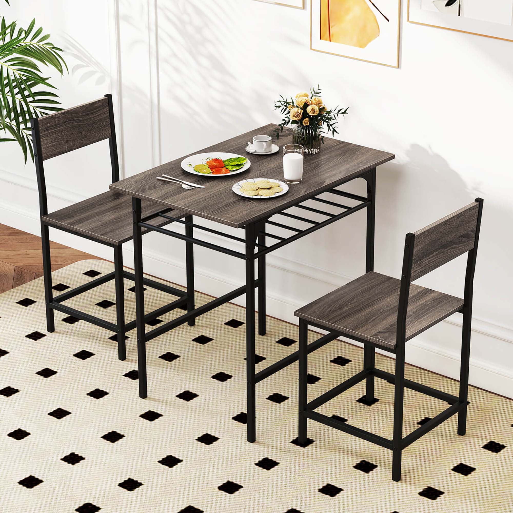 Alt View 3. Costway - Costway 3-Piece Wood Rectangular Table & Chair Set Dining Table Set with Metal Frame - Gray.