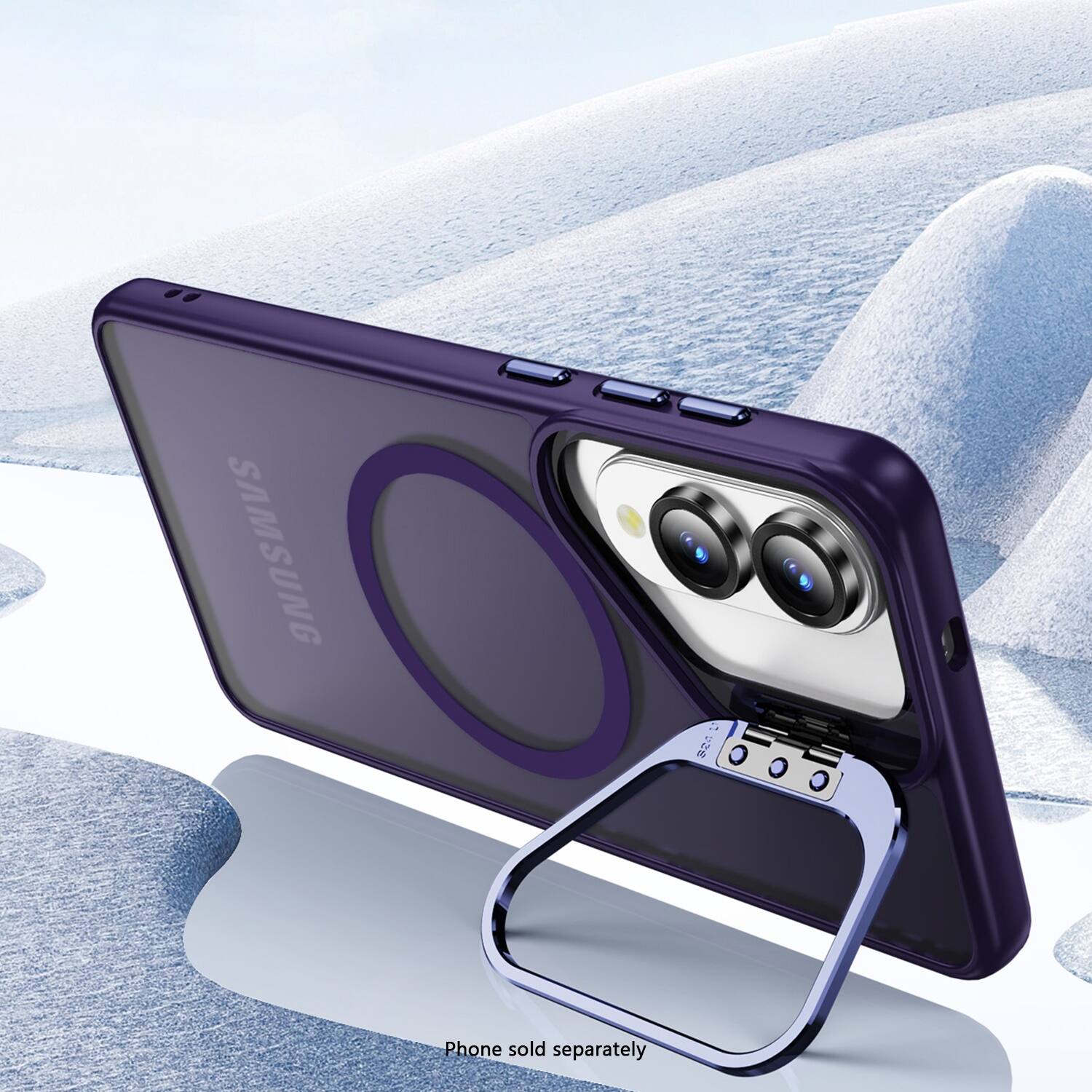 The image features a purple Samsung phone case with a camera on the back, which is attached to the phone. The case is designed to protect the phone and enhance its functionality. The phone itself is not visible in the image, but it is implied that it is attached to the case. The case is displayed in front of a snowy background, which adds to the overall aesthetic of the image.