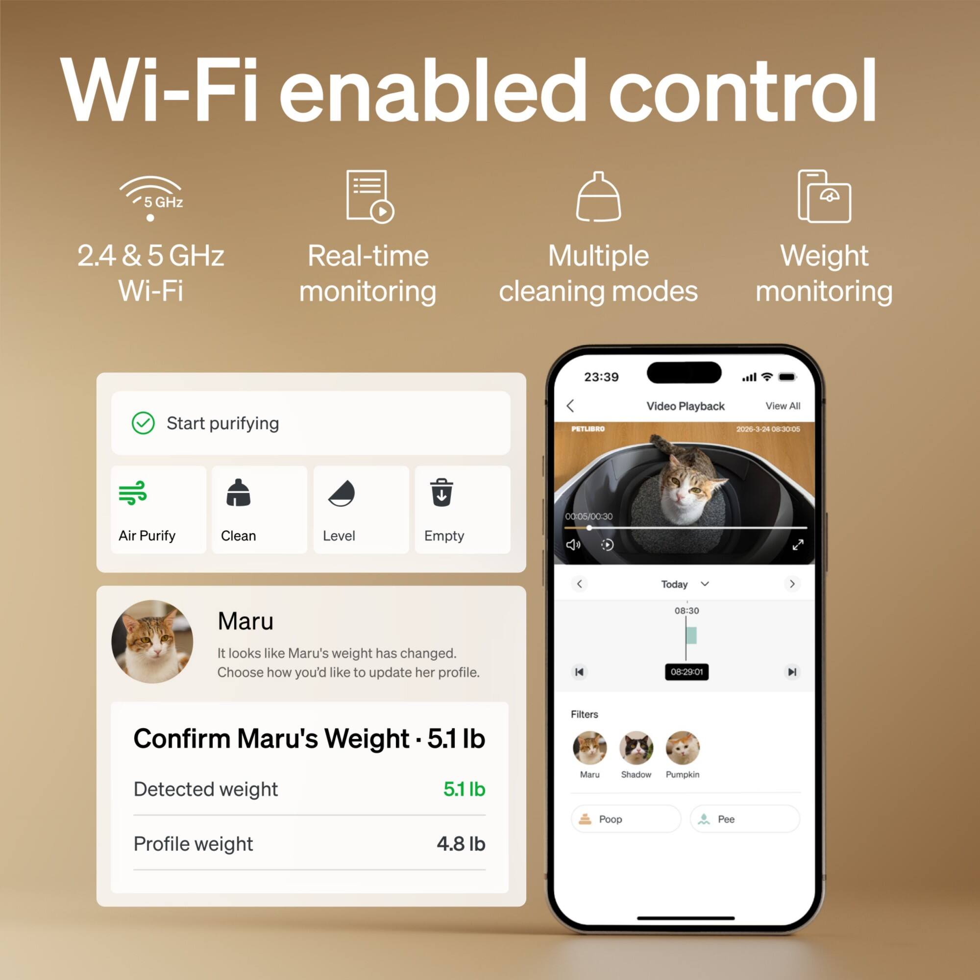 Wi-Fi enabled control  
2.4 & 5 GHz Wi-Fi  
Real-time monitoring  
Multiple cleaning modes  
Weight monitoring  

Start purifying  
Air Purify  
Clean  
Level  
Empty  

Maru  
It looks like Maru's weight has changed. Choose how you'd like to update her profile.  

Confirm Maru's Weight - 5.1 lb  
Detected weight: 5.1 lb  
Profile weight: 4.8 lb  

Filters  
Maru  
Shadow  
Pumpkin  

Video Playback  
View All  
23:39  
00:06/00:30  
Today  
08:30  

Poop  
Pee
