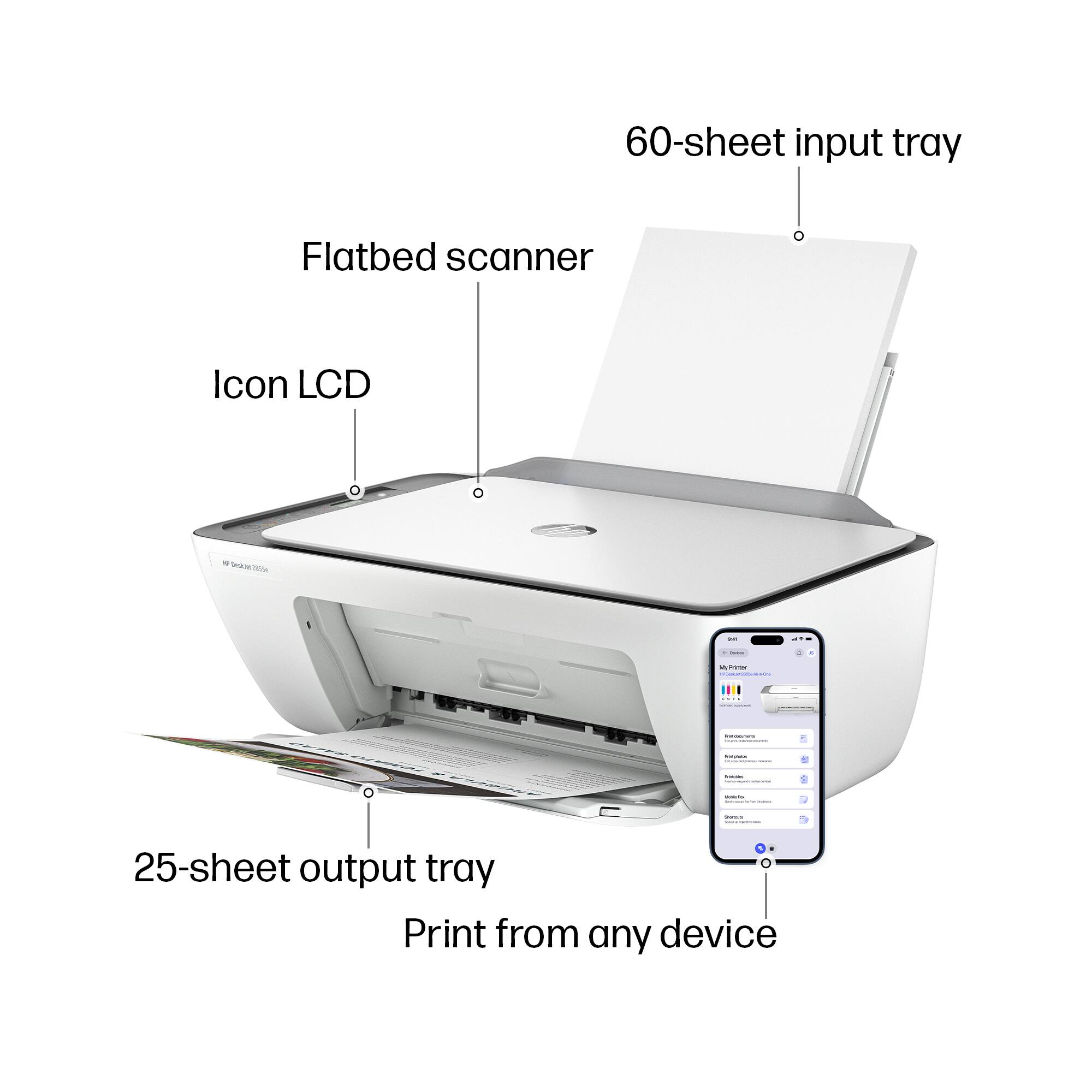 - 60-sheet input tray
- Flatbed scanner
- Icon LCD
- 25-sheet output tray
- Print from any device