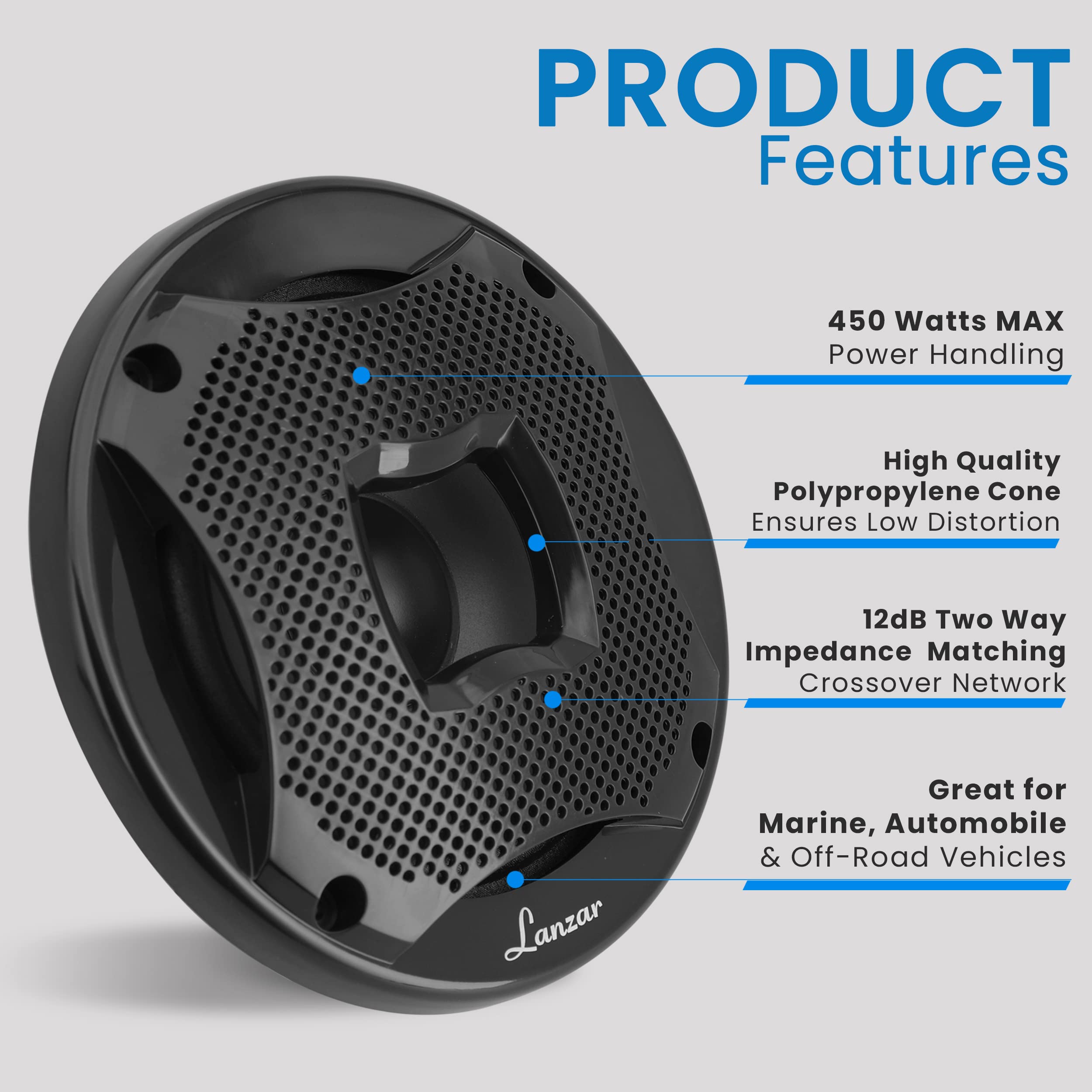 PRODUCT Features

- 450 Watts MAX Power Handling
- High Quality Polypropylene Cone Ensures Low Distortion
- 12dB Two Way Impedance Matching Crossover Network
- Great for Marine, Automobile & Off-Road Vehicles