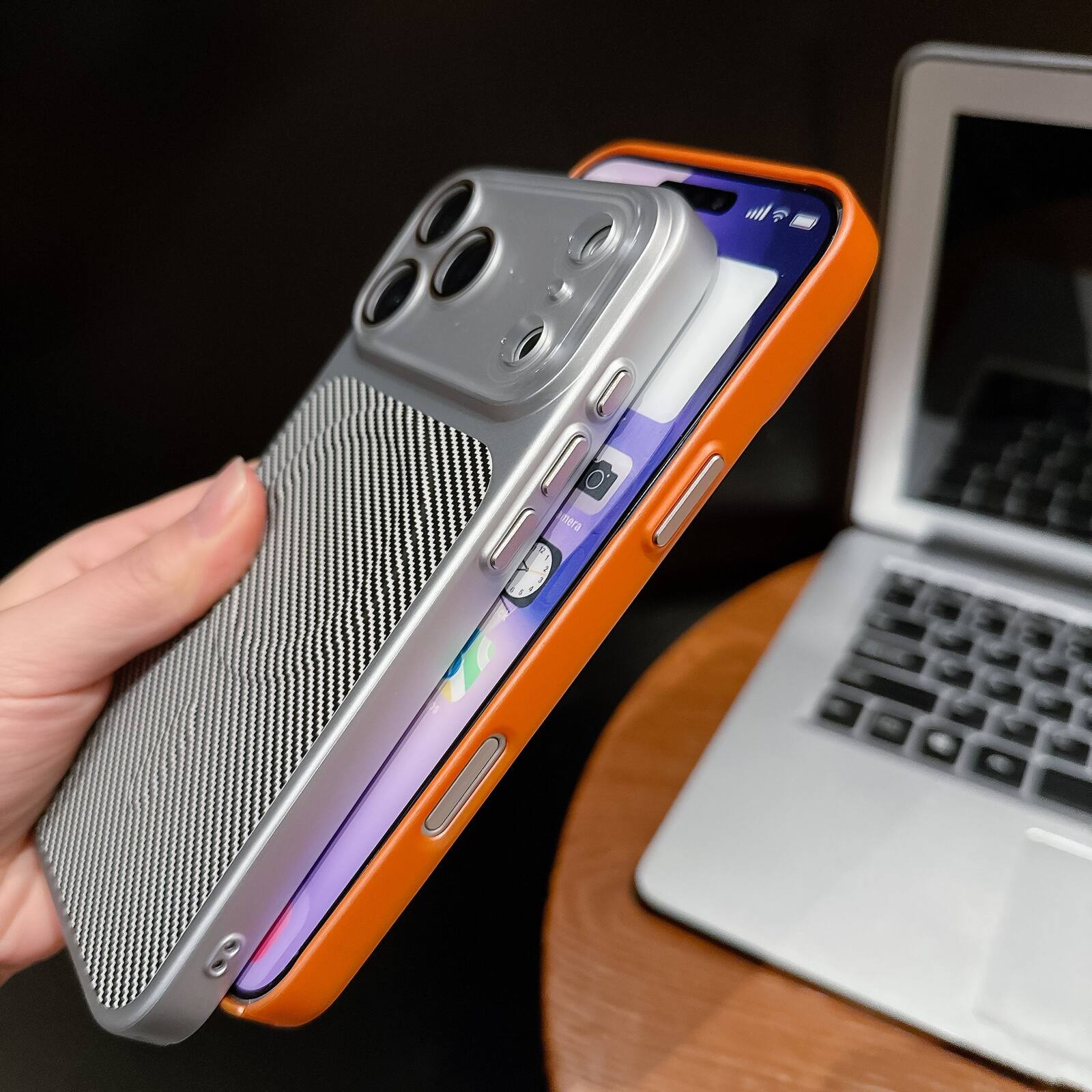 Back. Dteck - Magnetic Carbon Fiber Texture Case for Apple iPhone 17 Pro Slim Shockproof Hybrid Cover with Built-in Lens Protector - Black.