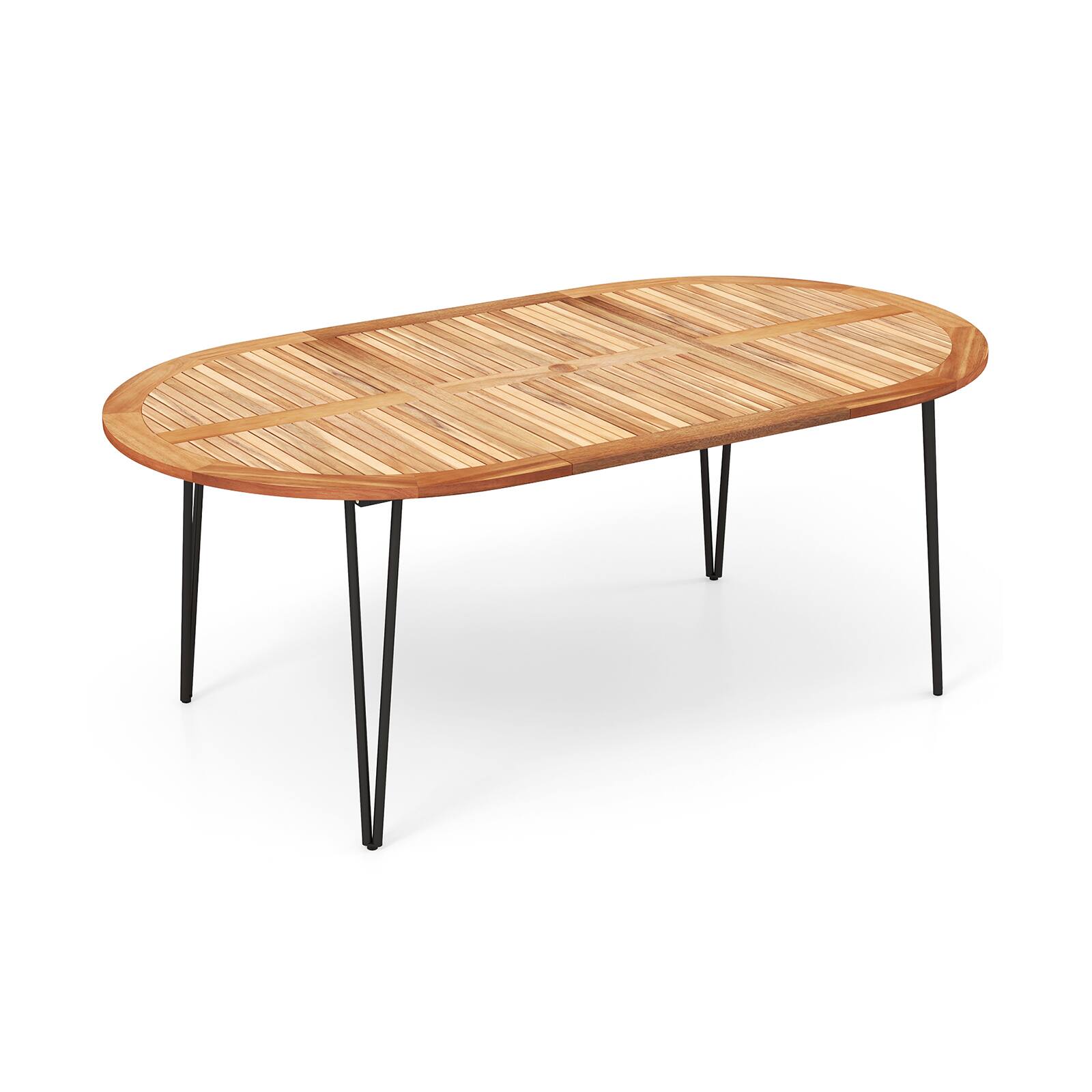 Front. Sugift - 79 Inch Oval Patio Dining Table with Umbrella Hole and Acacia Wood Tabletop for 8 People - Natural.