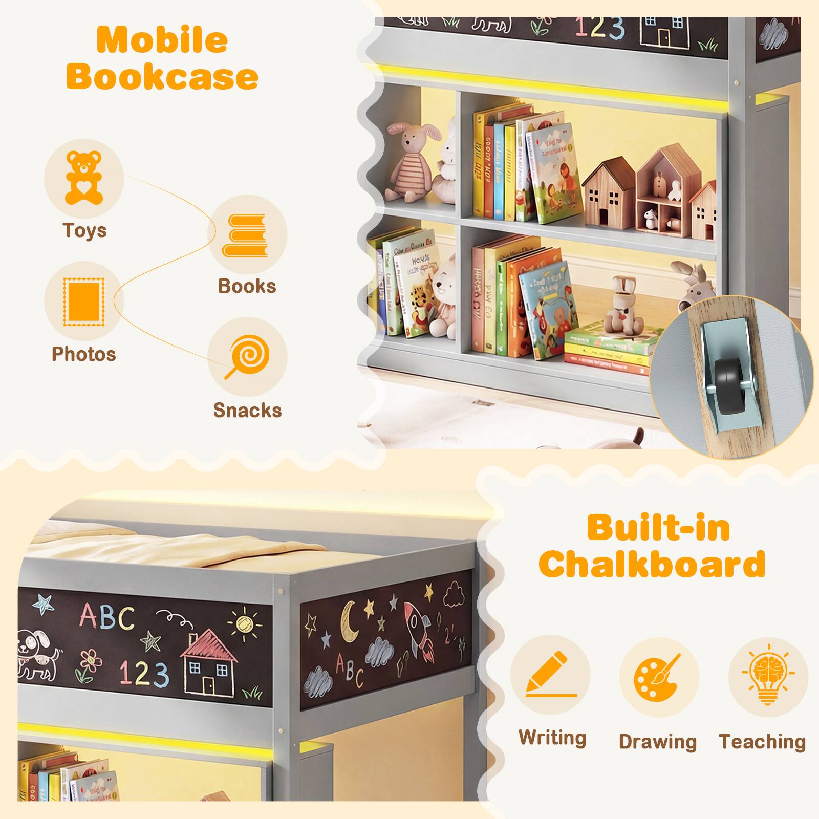 Mobile Bookcase

- Toys
- Books
- Photos
- Snacks

Built-in Chalkboard

- Writing
- Drawing
- Teaching

ABC 123