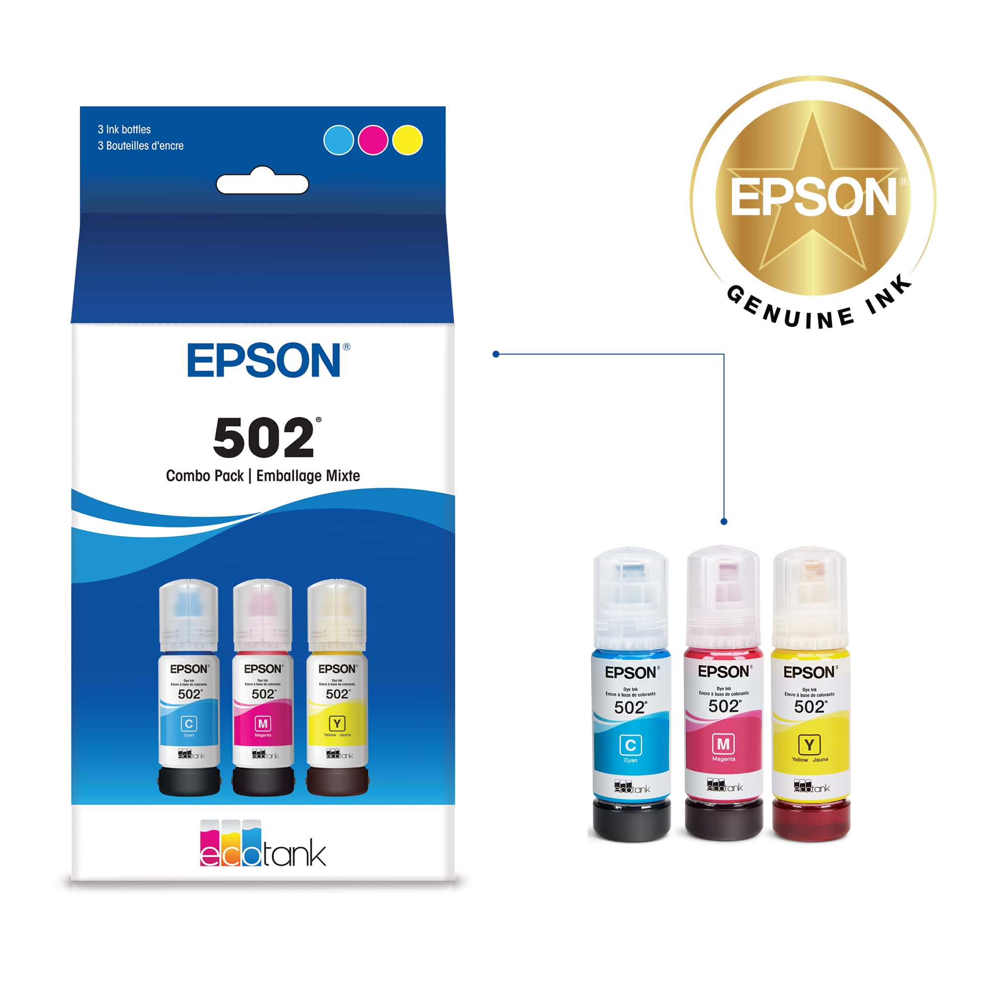 3 Ink bottles 3 Souteilies d'encre EPSON 502 Combo Pack Emballage Mixte GENUINE INK EPSON - 502 C I EPSON 502 M FT EPSON 502 Y EPSON - - - I - 502 C Lan EPSON - - I : 502 M s EPSON - - - - : 502 Y - - .. - . a - edotank