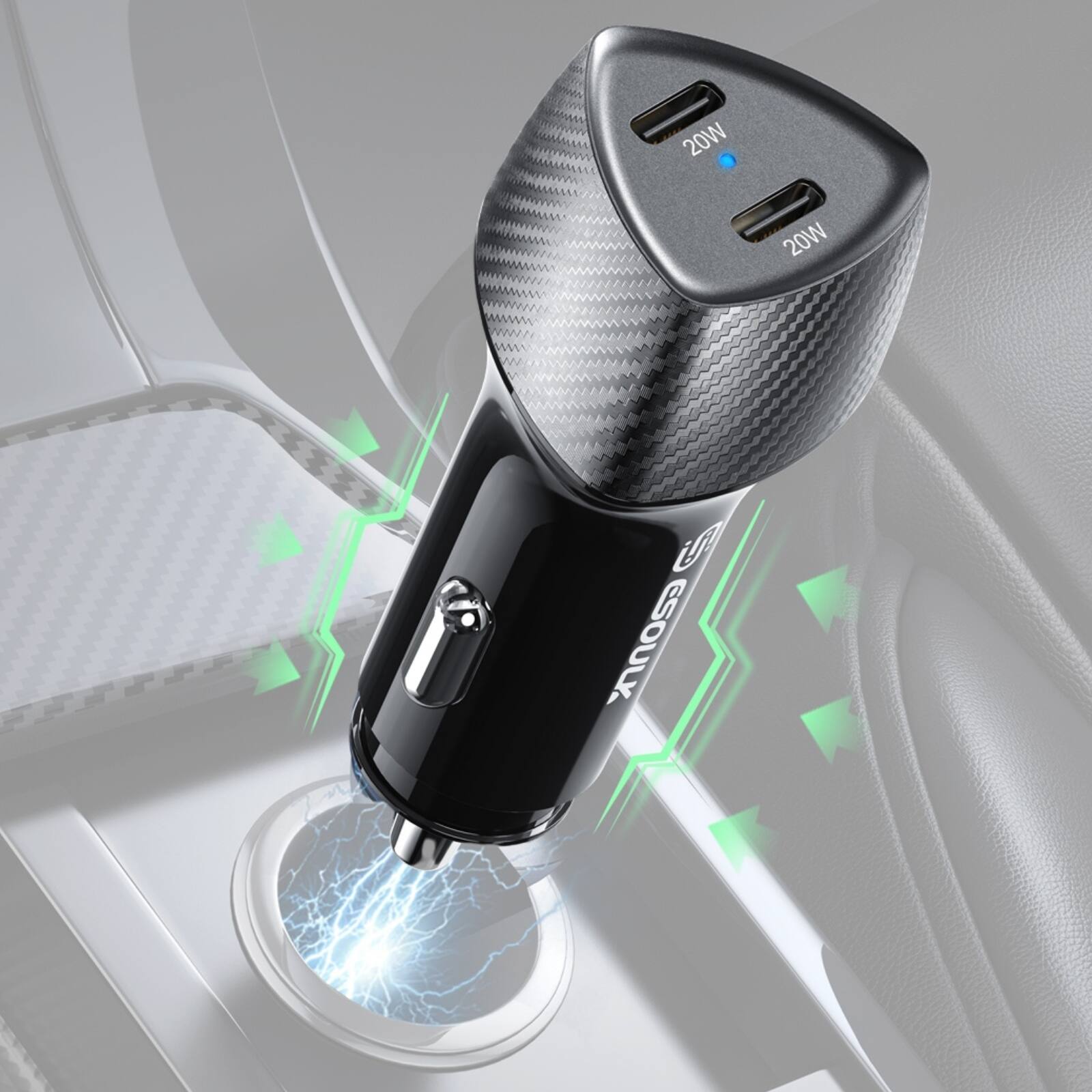 Esoulk - Dual USB-C 40W (20W+20W) Car Charger Adapter For Samsung iPhone iPad Universal - Black