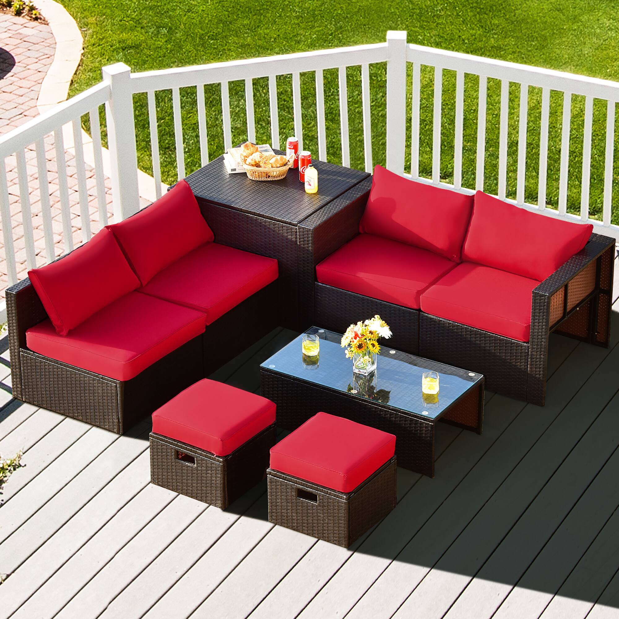 Alt View 7. Gymax - Gymax 8PCS Patio Rattan PE Wicker Conversation Set All-Weather Furniture Set w/ Cushions Red - Red.