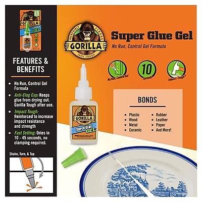 **GORILLA Super Glue Gel**

**Features & Benefits:**
- No Run, Control Gel Formula
- Anti-Clog: Keeps glue from drying out.
- Gorilla Tough after use.
- Impact Tough: Reinforced to increase impact resistance and strength.
- Fast Setting: Dries in 10-45 seconds, clamping required.
- Shake, Turn, & Tap

**Bonds:**
- Plastic
- Metal
- Wood
- Leather
- Paper
- Rubber
- Ceramic
- And More!

**10 Cel**