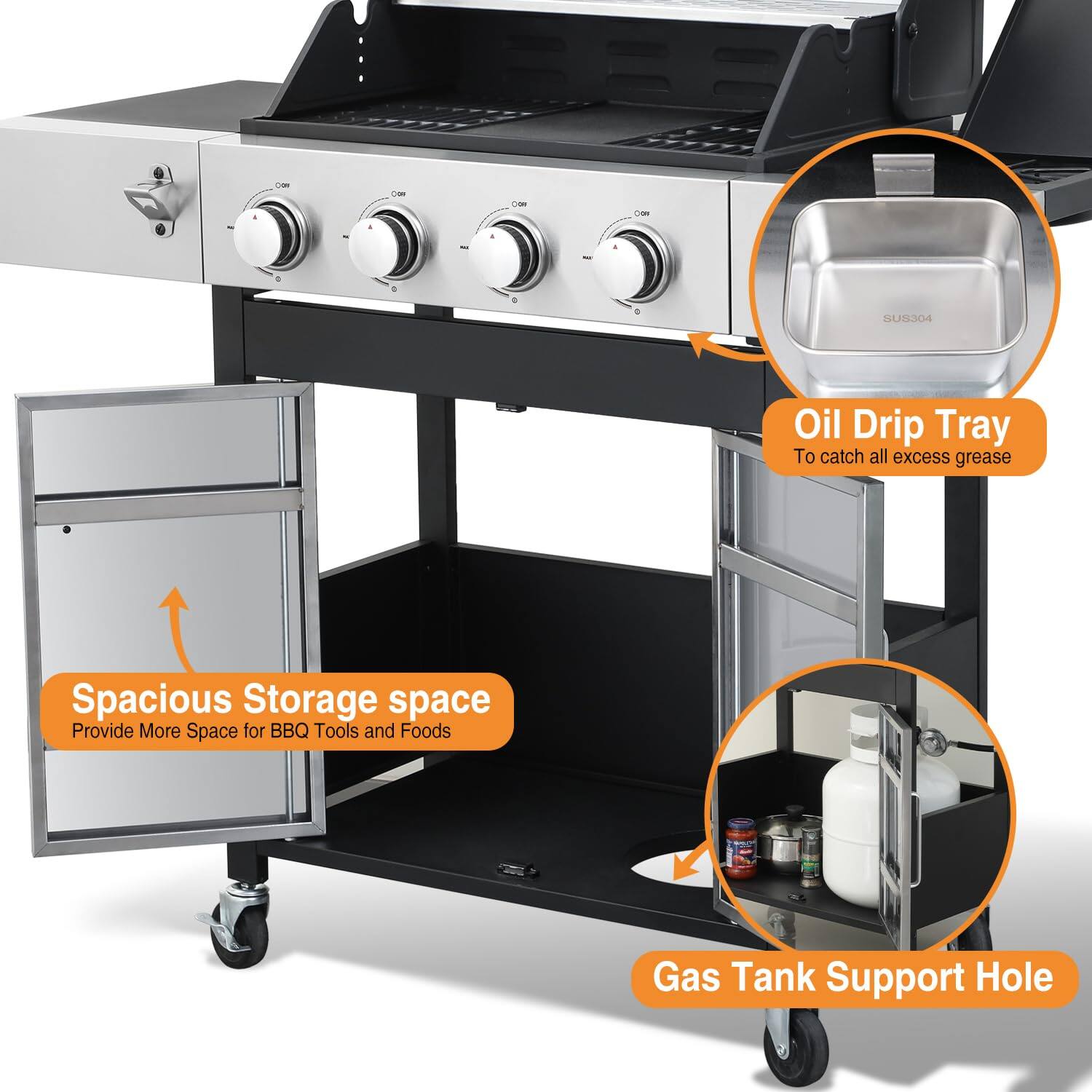 - Oil Drip Tray: To catch all excess grease
- Spacious Storage space: Provide More Space for BBQ Tools and Foods
- Gas Tank Support Hole