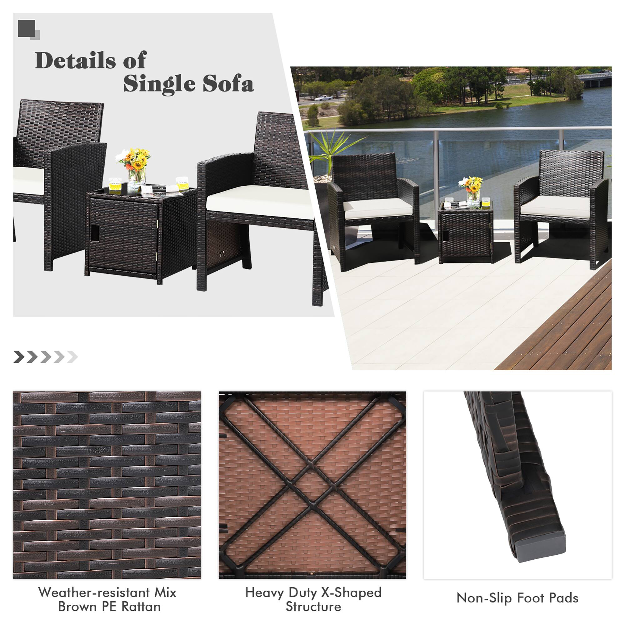 Details of Single Sofa:
- Weather-resistant mix
- Brown PE rattan
- Heavy duty X-shaped structure
- Non-slip foot pads