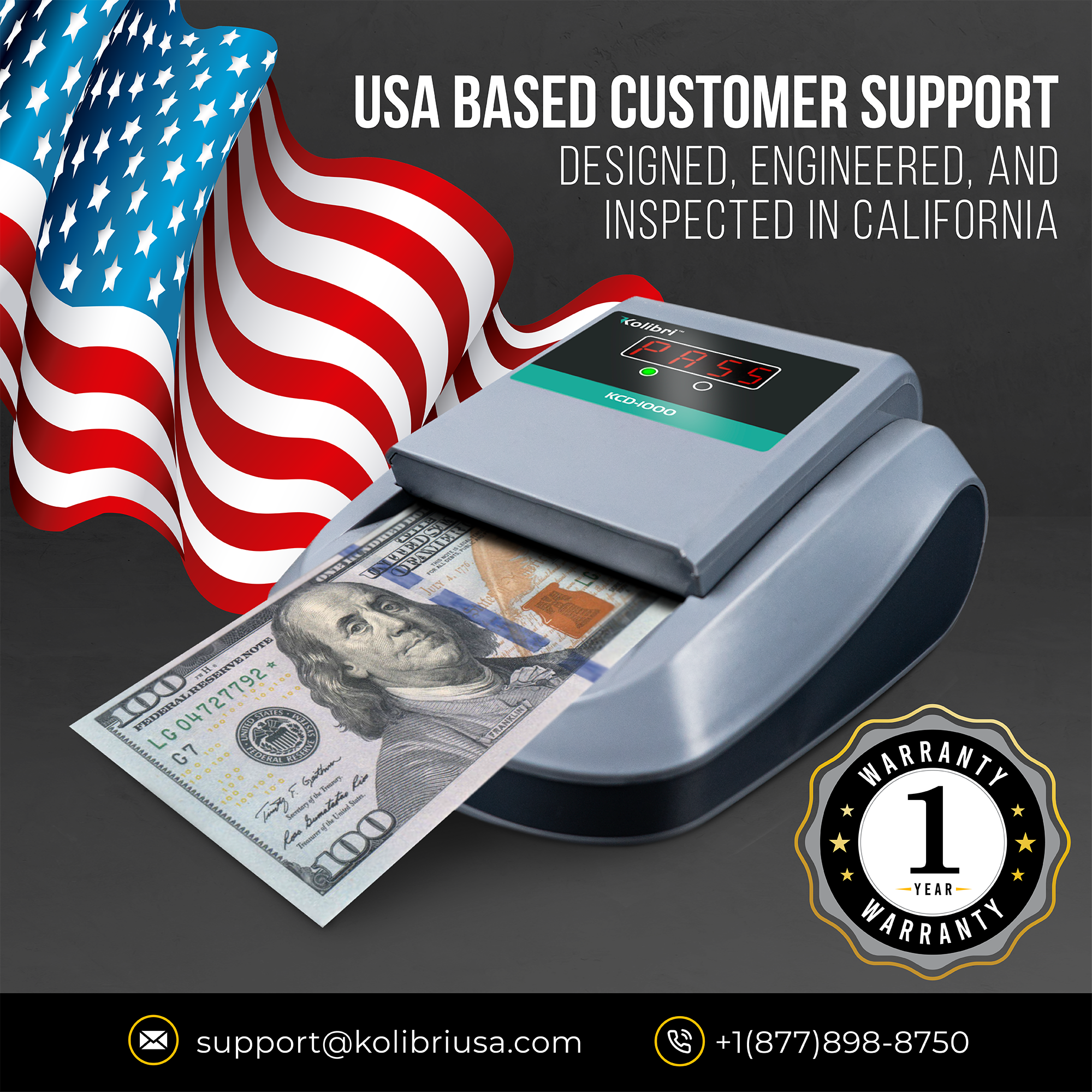 USA BASED CUSTOMER SUPPORT  
DESIGNED, ENGINEERED, AND INSPECTED IN CALIFORNIA  

Kollbr PA55 KCD4000  

CES ENES RESS  

Yets ds 5om * wil 00L LG04727792 Ano TRANESN G7 ..... FCEG SERNS 100106 W Salt F bumalart Eated Ta 100 WARRANTY  

1 YEAR WARRANTY  

support@kolibriusa.com  

+1 (877) 898-8750