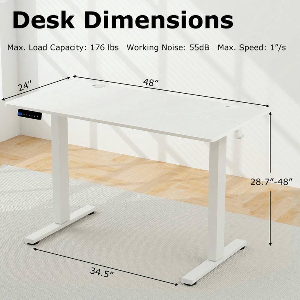 Desk Dimensions  
Max. Load Capacity: 176 lbs  
Working Noise: 55dB  
Max. Speed: 1"/s  

24"  
48"  
28.7"-48"  
34.5"