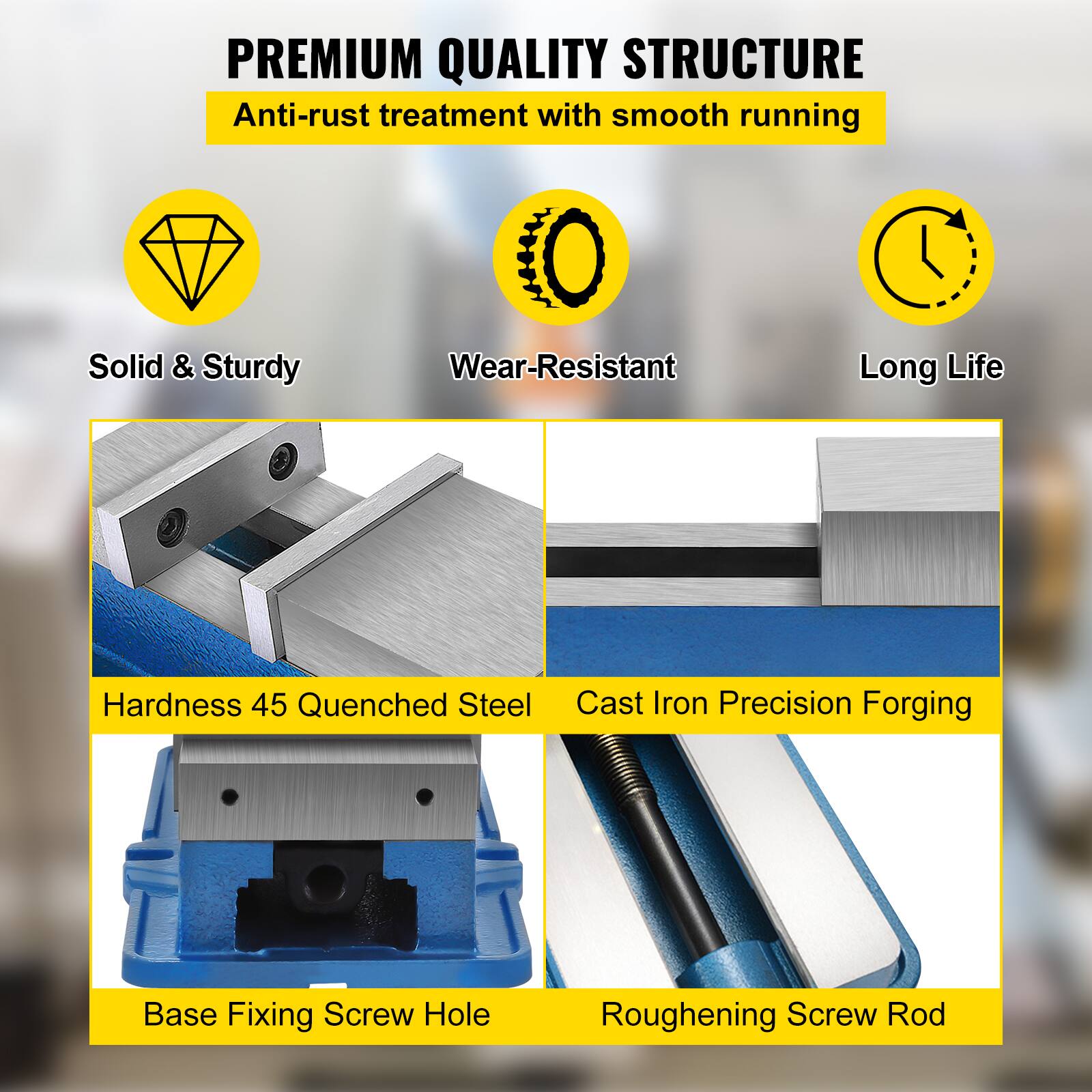 **PREMIUM QUALITY STRUCTURE**  
Anti-rust treatment with smooth running

- Solid & Sturdy
- Wear-Resistant
- Long Life

- Hardness 45 Quenched Steel
- Cast Iron Precision Forging
- Base Fixing Screw Hole
- Roughening Screw Rod