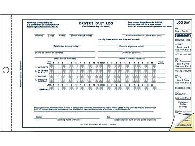 **DRIVER'S DAILY LOG**  
(One Calendar Day - 24 Hour Record)

**LOG DAY**  
[Date]  
[Signature]  
[Driver's License Number]  
[Vehicle Registration Number]  
[Name of Carrier or Owner]  
[Driver's Name]  
[Name of Terminal or Address]

**Total Miles Driven**  
[Total Miles Driven]

**Total Hours Logged**  
[Total Hours Logged]

**1. OFF DUTY**  
[Hours]

**2. SLEEPER**  
[Hours]

**3. DRIVING**  
[Hours]

**4. ON DUTY**  
[Hours]

**REMARKS**  
[Remarks]

**FROM**  
[Starting Point or Place]  
[Date]

**TO**  
[Destination or Point of Departure]  
[Date]

**SUMMARY**

**DRIVING HOURS**  
TODAY: [Hours]  
TOTAL: [Hours]

**OFF DUTY**  
Last 7 Days: [Hours]  
TOTAL: [Hours]

**SLEEPER**  
Last 7 Days: [Hours]  
TOTAL: [Hours]

**ON DUTY**  
Last 7 Days: [Hours]  
