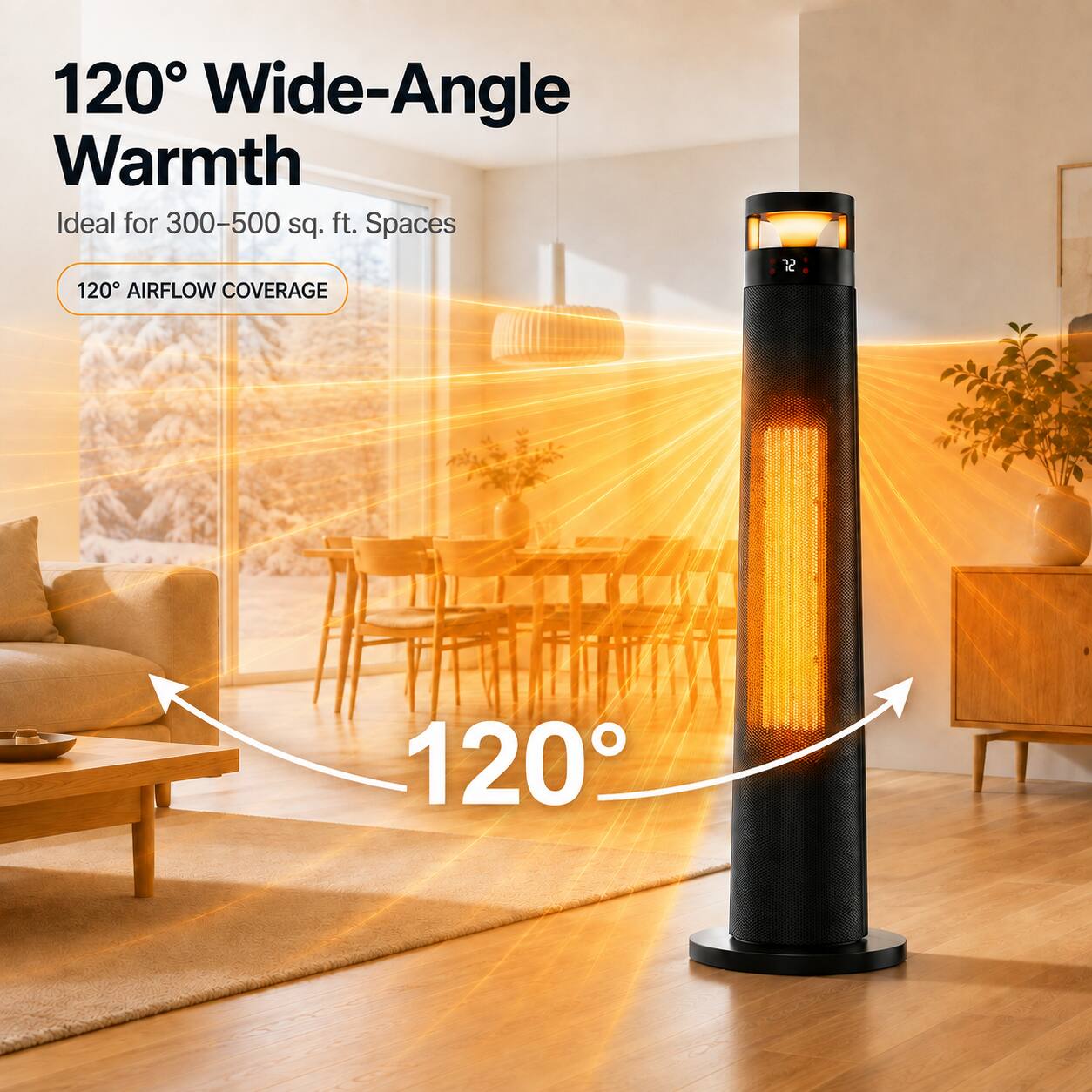 120° Wide-Angle Warmth  
Ideal for 300-500 sq. ft. Spaces  
120° AIRFLOW COVERAGE