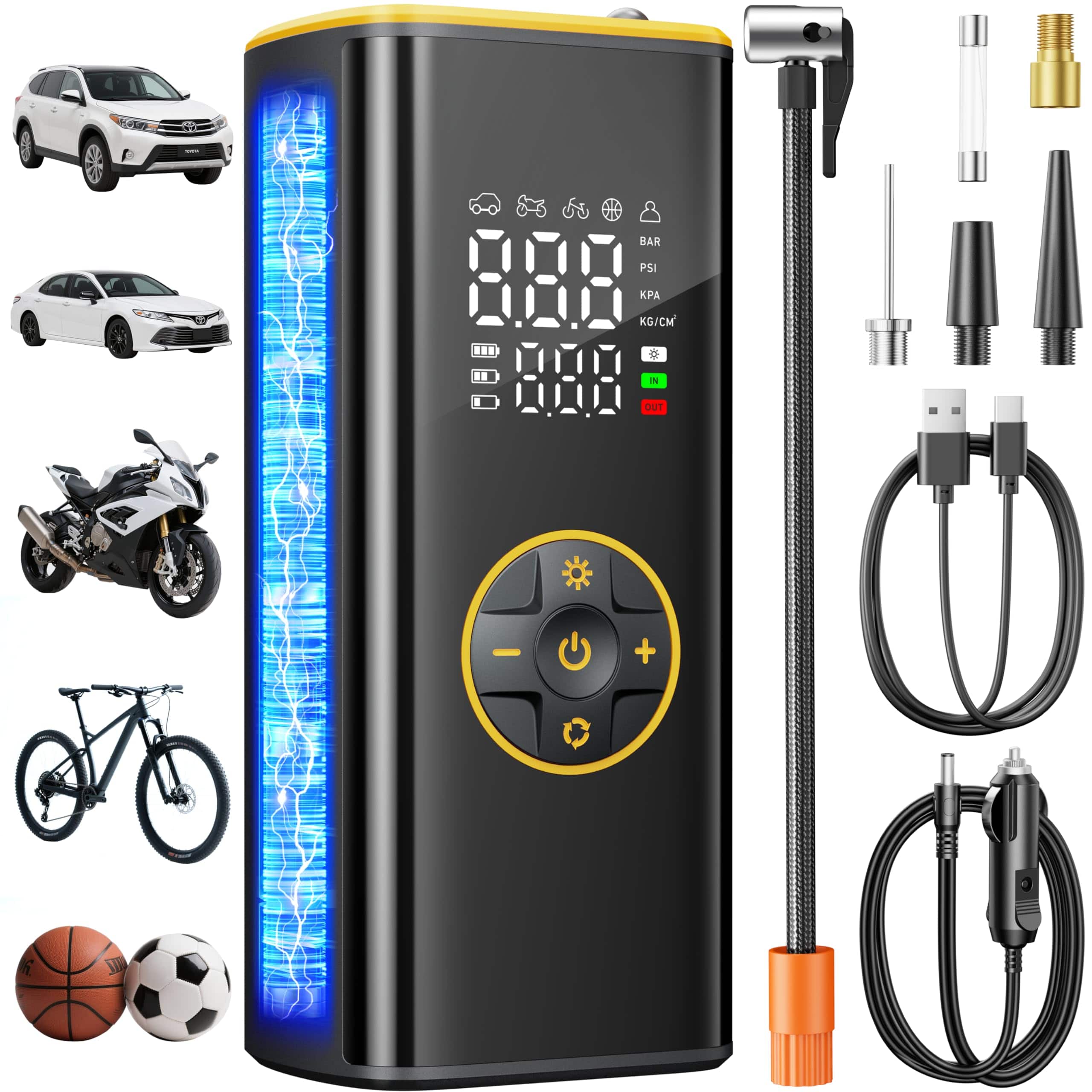 JETRANSPORT - Tire Inflator Portable Air Compressor 5 In 1 Cordless Smart Pump With Gauge 150psi And Led Lights For Cars - Yellow Black