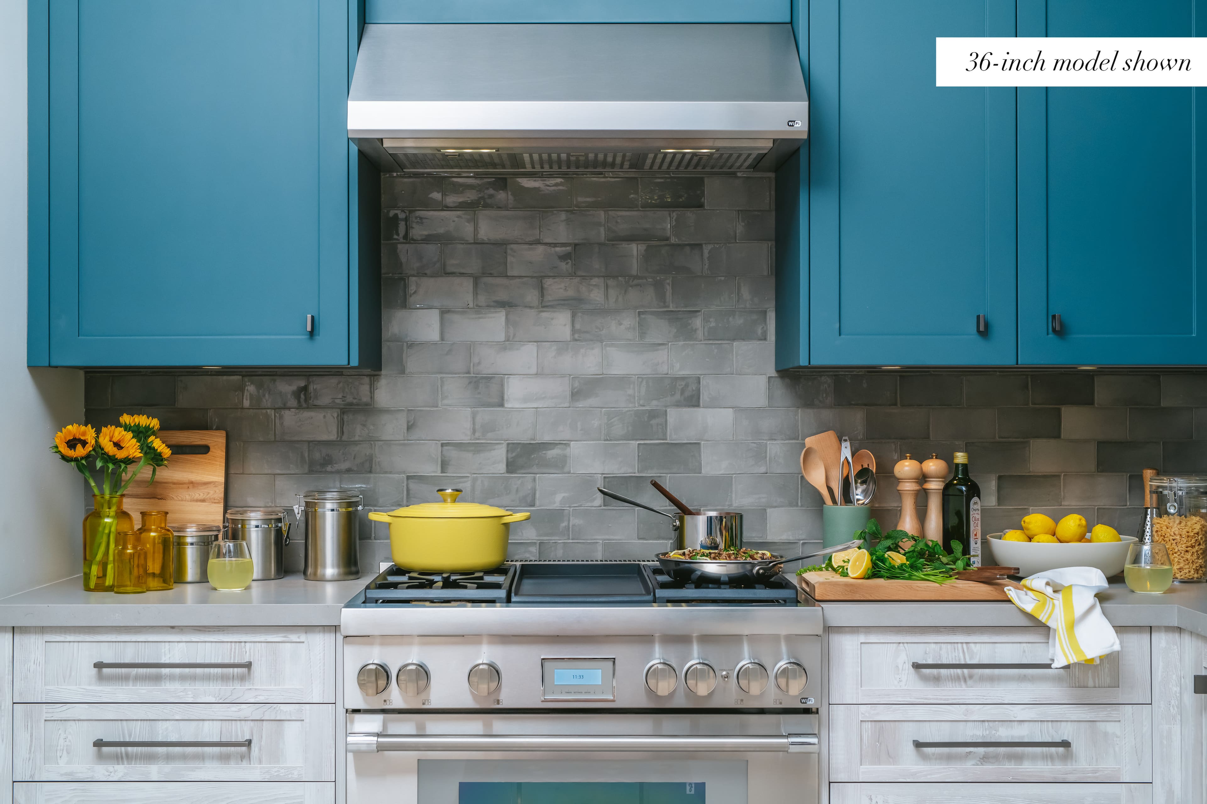 The text on the image reads "36-inch model shown." This refers to the size of the kitchen appliances and cabinets, which are 36 inches in length.