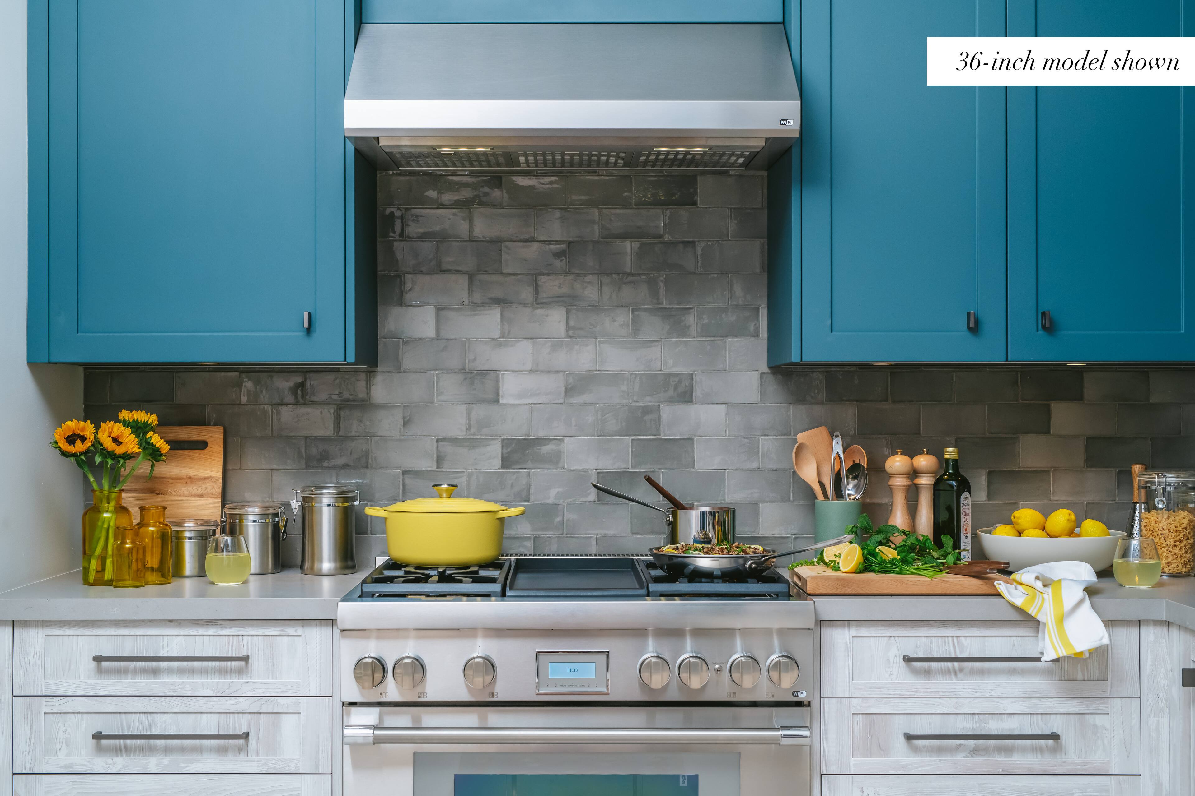 The text on the image reads "36-inch model shown." This refers to the size of the kitchen appliances and cabinets, which are 36 inches in length.