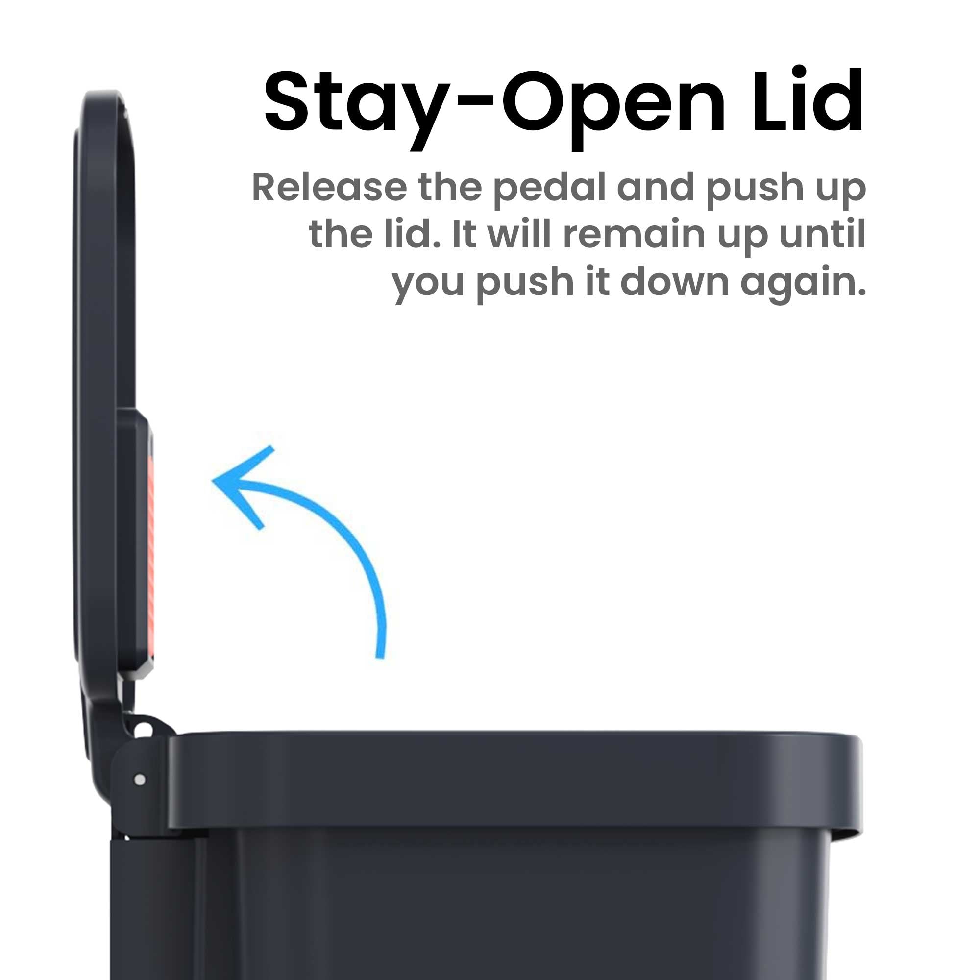 Stay-Open Lid

Release the pedal and push up the lid. It will remain up until you push it down again.