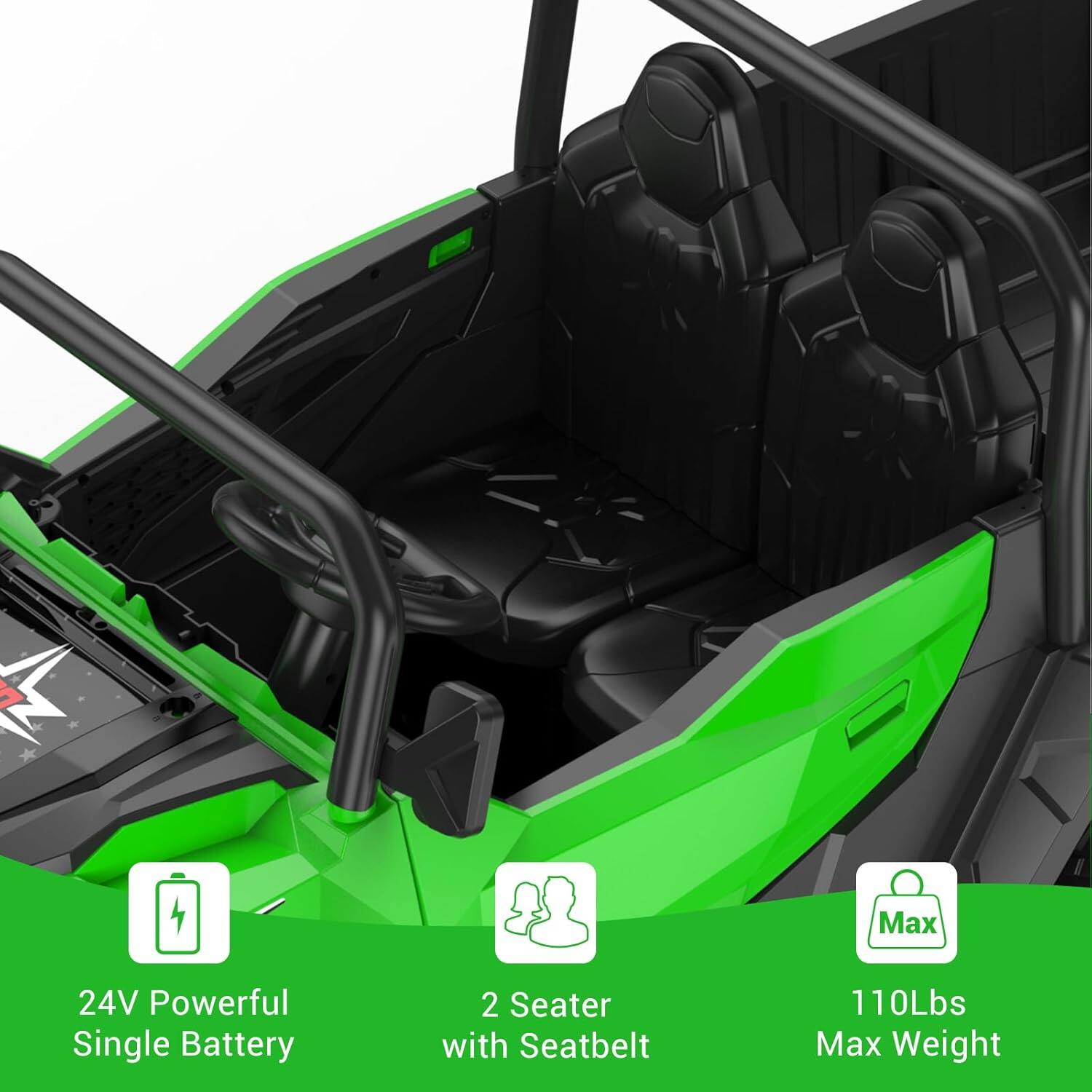 24V Powerful Single Battery  
2 Seater with Seatbelt  
110Lbs Max Weight