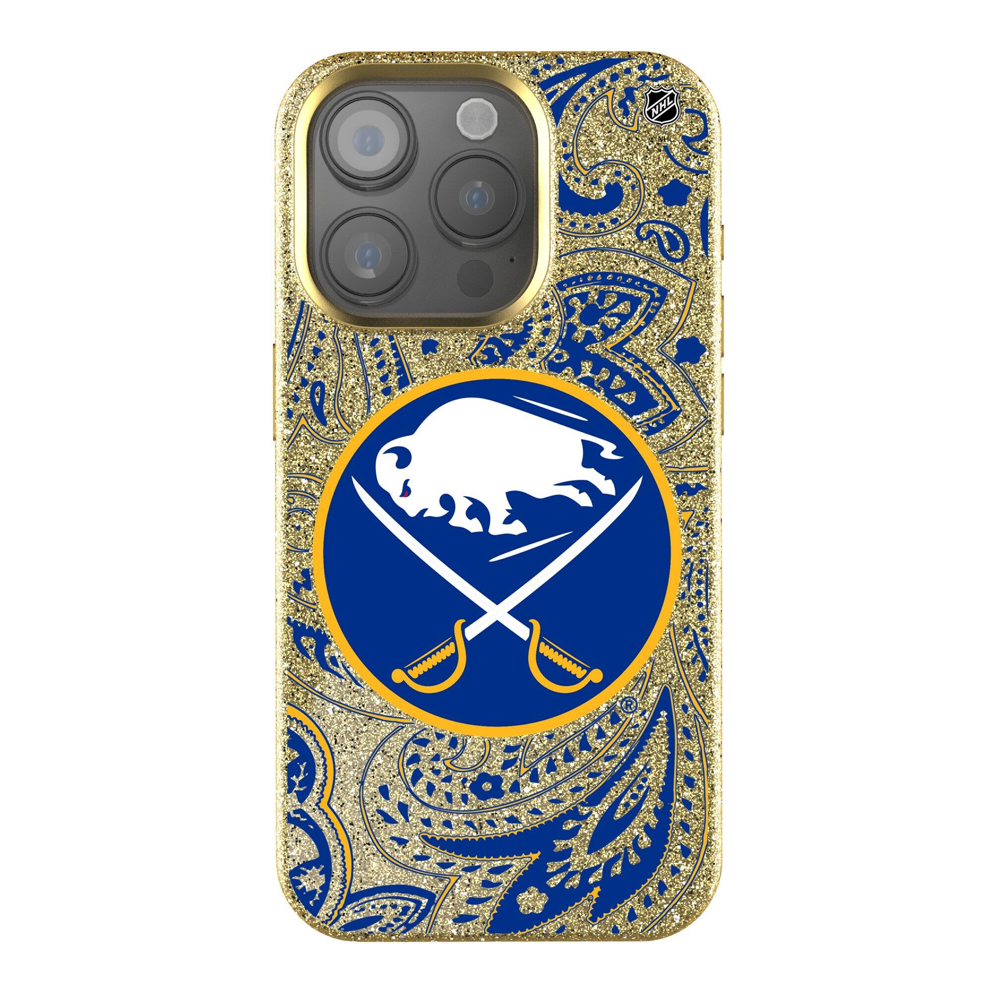 Front. Keyscaper - Gold Buffalo Sabres Paisley Bling iPhone Case - 14 Plus - Gold.