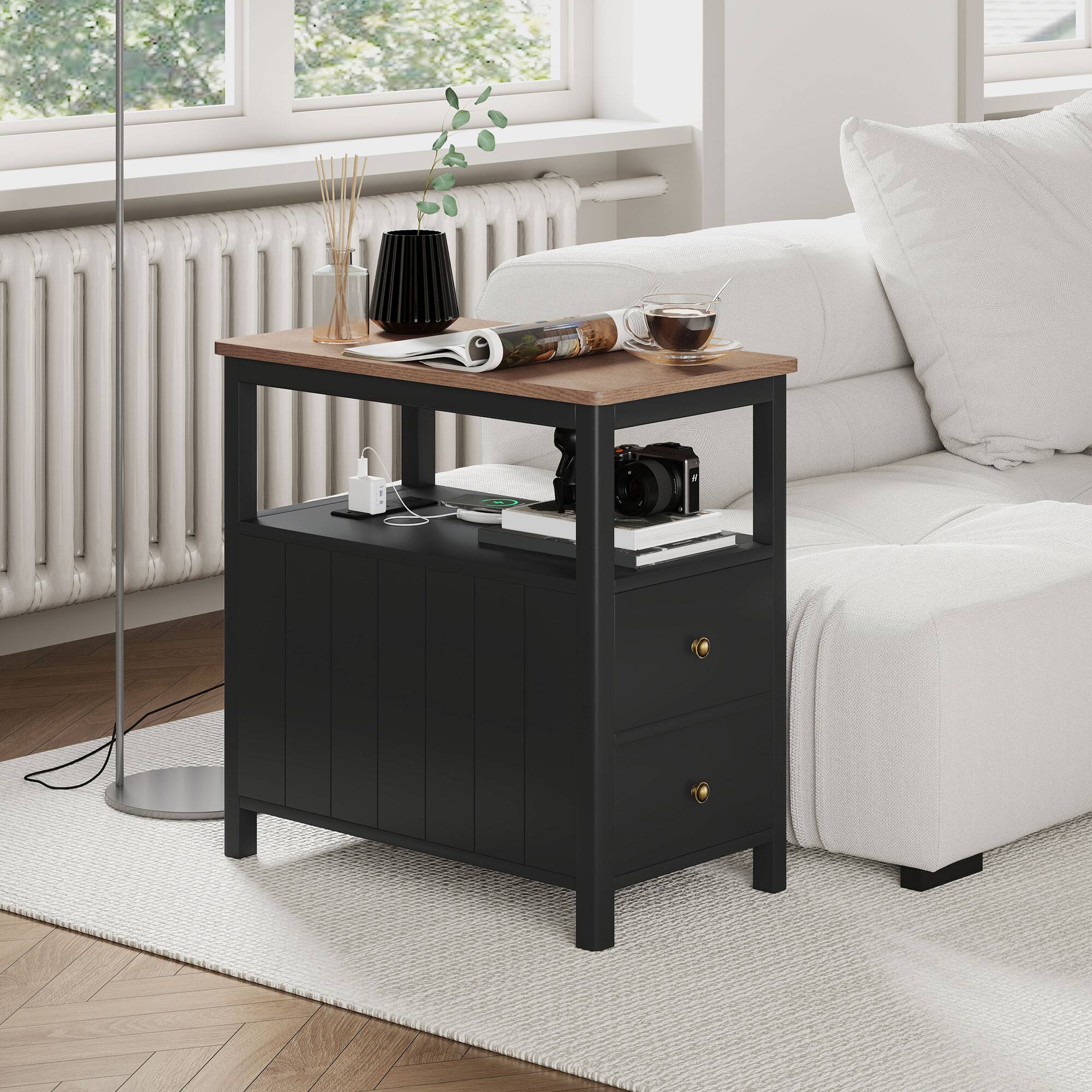 Alt View 8. Homcom - Modern End Table with Charging Station and USB Ports, Narrow Side Table with Drawers & Shelf for Living Room - Black.