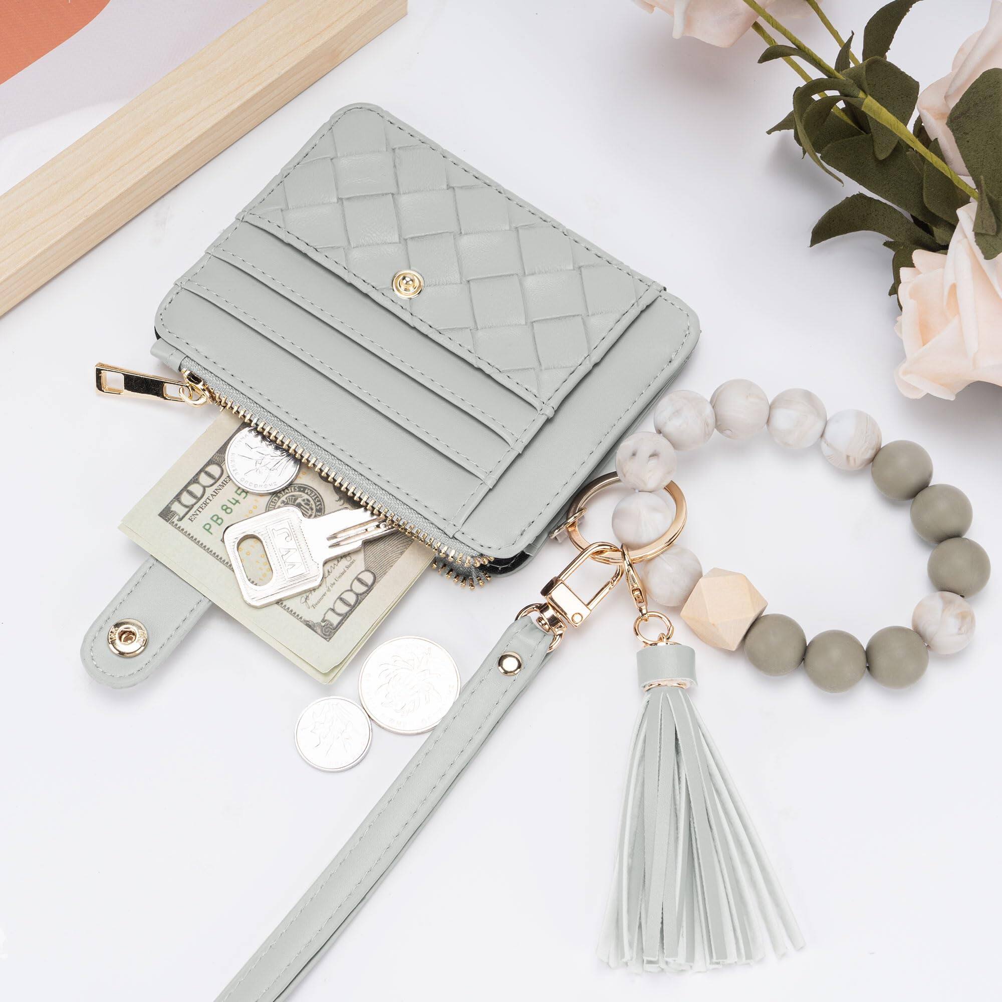 Kybos Wristlet Keychain Bracelet Wallet For Women Silicone Beaded Car Key Rings With Tassel Bangle Card Holder