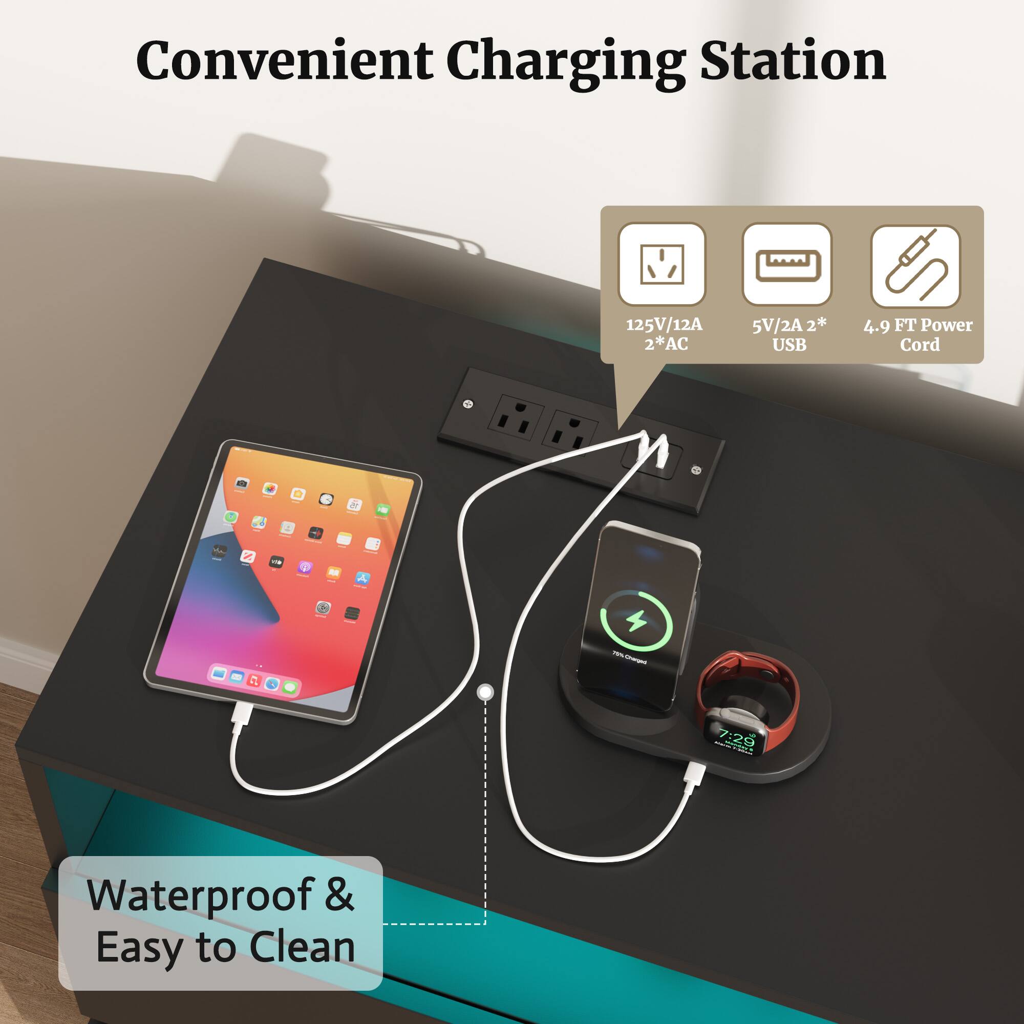 Convenient Charging Station

125V/12A 2*AC  
5V/2A 2*USB  
4.9 FT Power Cord

Waterproof & Easy to Clean