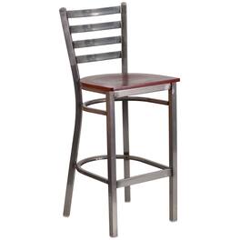 Emma + Oliver - Clear Coated Ladder Back Metal Restaurant Dining Barstool - Mahogany Wood Seat/Clear Coated Metal Frame