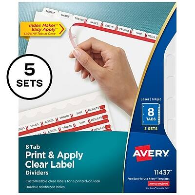 **Index Maker Easy Apply Labels - 8 Tabs at Once**

- **5 Sets**
- **8 Tabs**
- **Laser / Inkjet Compatible**
- **Customizable Clear Labels for a Printed-On Look**
- **Durable Reinforced Holes**
- **Avery 11437**

**Label Categories:**
- Profit Share
- Trend
- Sales
- Costs
- Promo
- Ship
- Results

**Features:**
- Free Easy-To-Use Avery Templates
- Customizable clear labels
- Durable reinforced holes

**Avery 11437**