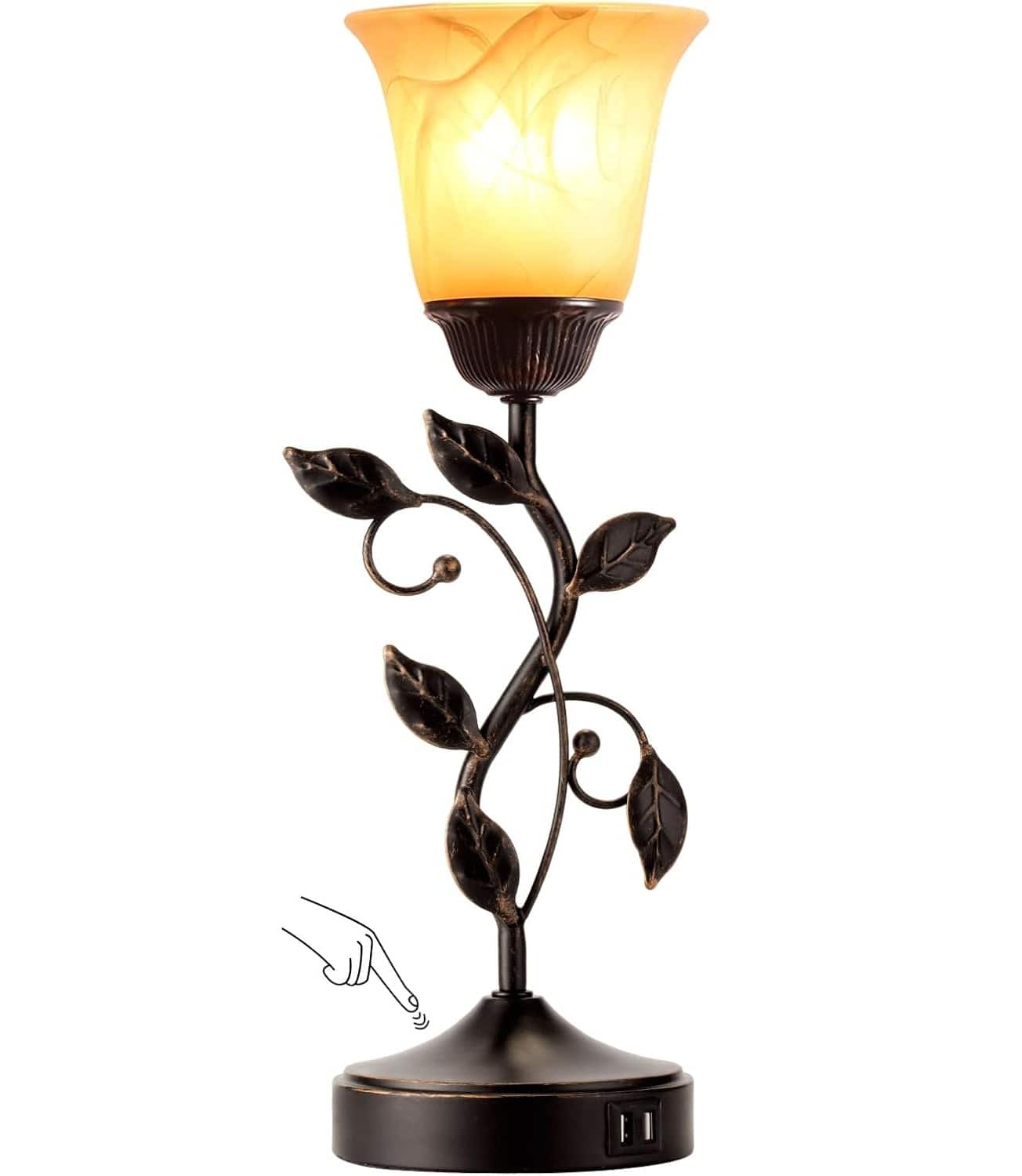 FINEAK - Vintage Table Lamp with Touch Control & Dual USB Charging - 1 Pack - Bronze + Amber Glass