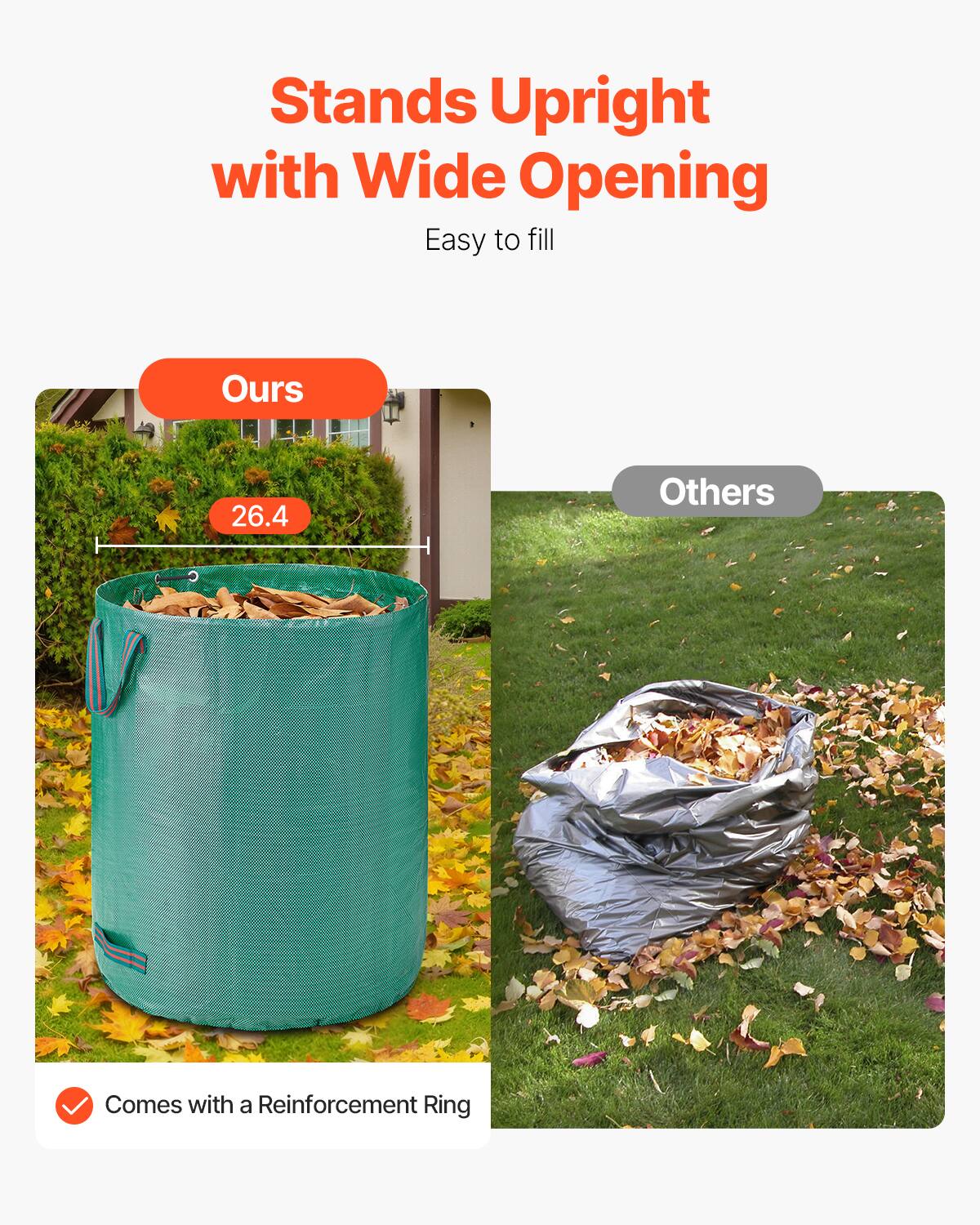 Stands Upright with Wide Opening  
Easy to fill  
Ours 26.4  
Others  
Comes with a Reinforcement Ring
