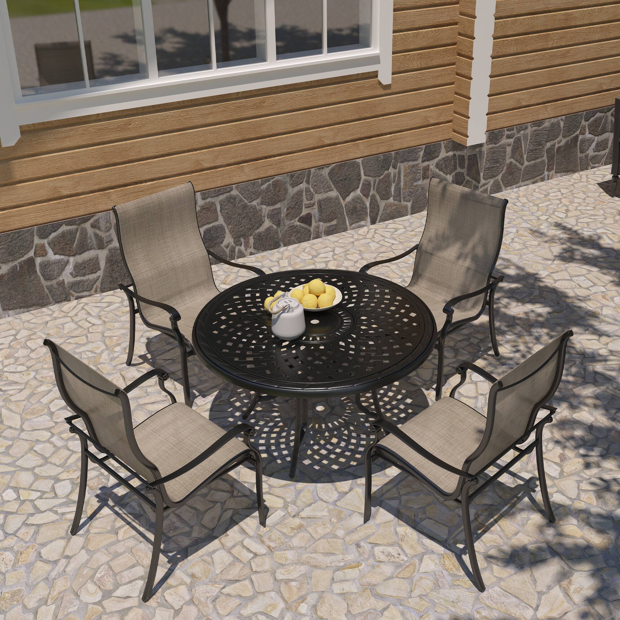 Left. Mondawe - 5-Piece Outdoor Dining Set with Round Cast Aluminum Mesh Design Table and 4 Teslin Chairs - Black+Bronze.