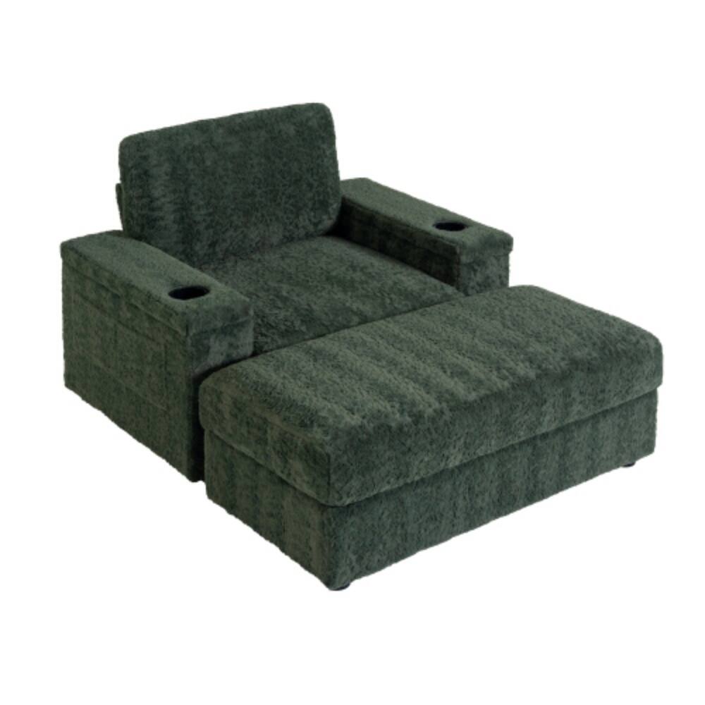 Alt View 8. LUCKY ONE - 42" Oversized Faux Rabbit Fur Single Sofa Armchair w/ Cup Holders Storage Ottoman - Green.