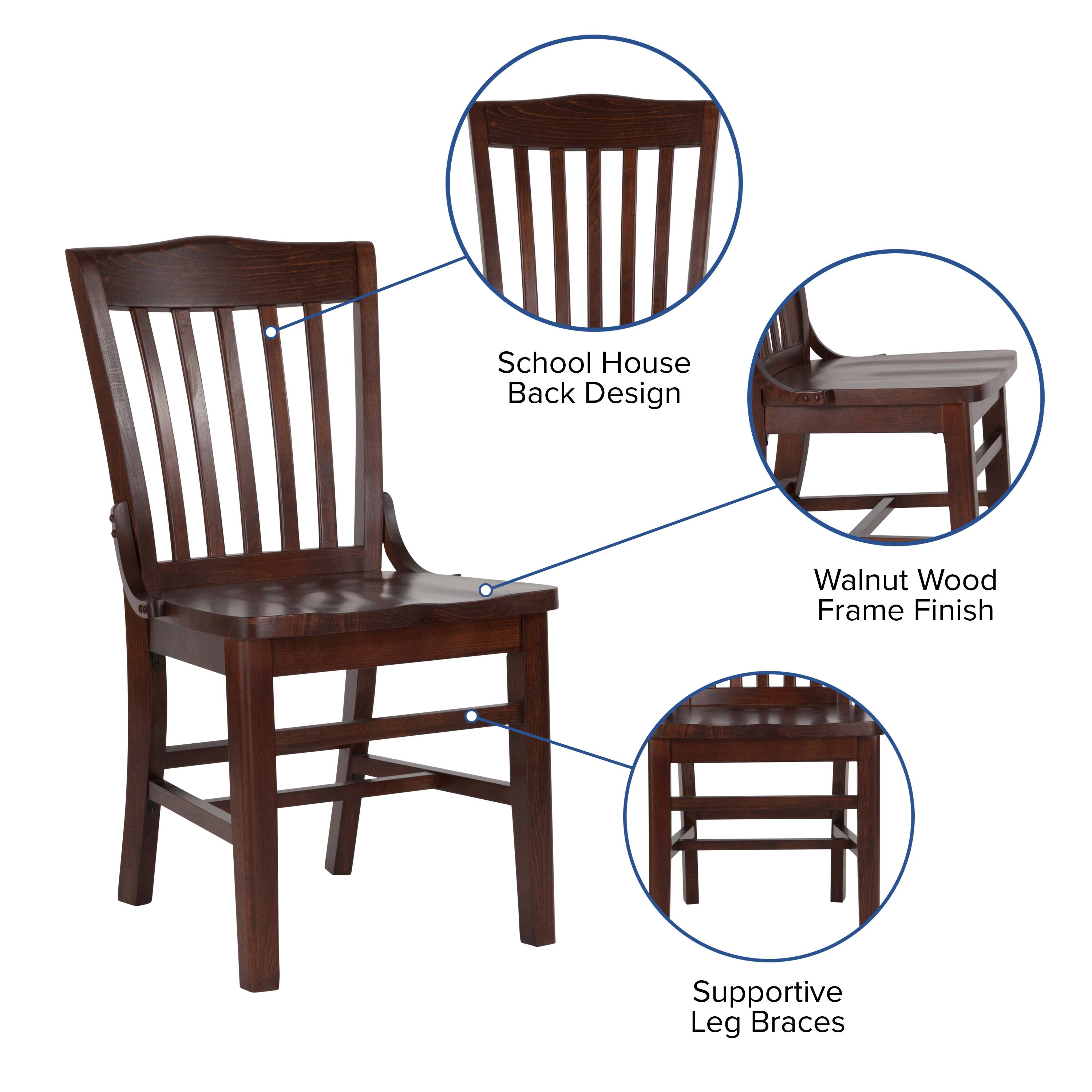 School House Back Design  
Walnut Wood Frame Finish  
Supportive Leg Braces