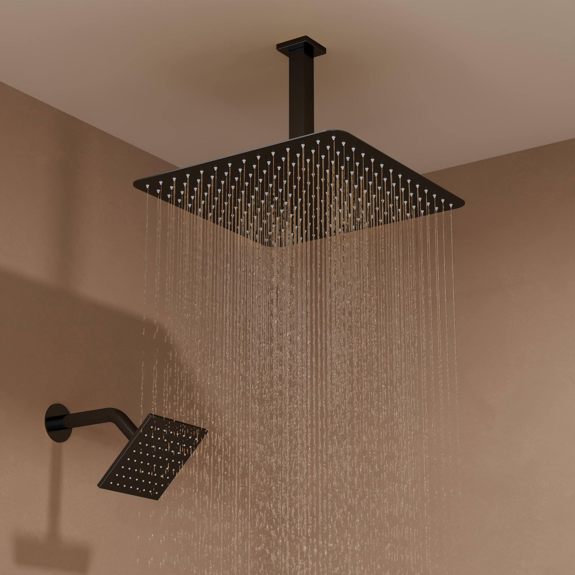 Alt View 9. GRANDJOY - 16" Thermostatic Shower System with Dual Rainfall Shower Heads, Handheld Sprayer, and Six Body Jets for Luxury Bathroom - Matte Black.