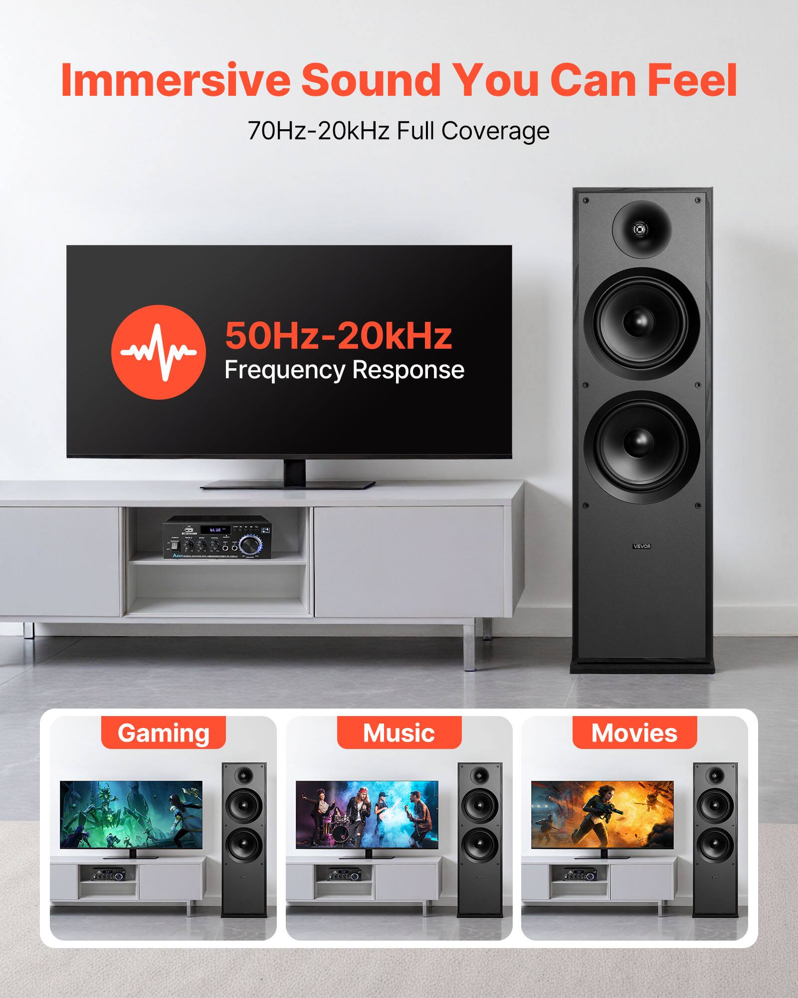 Immersive Sound You Can Feel  
70Hz-20kHz Full Coverage  
50Hz-20kHz Frequency Response  

Gaming  
Music  
Movies