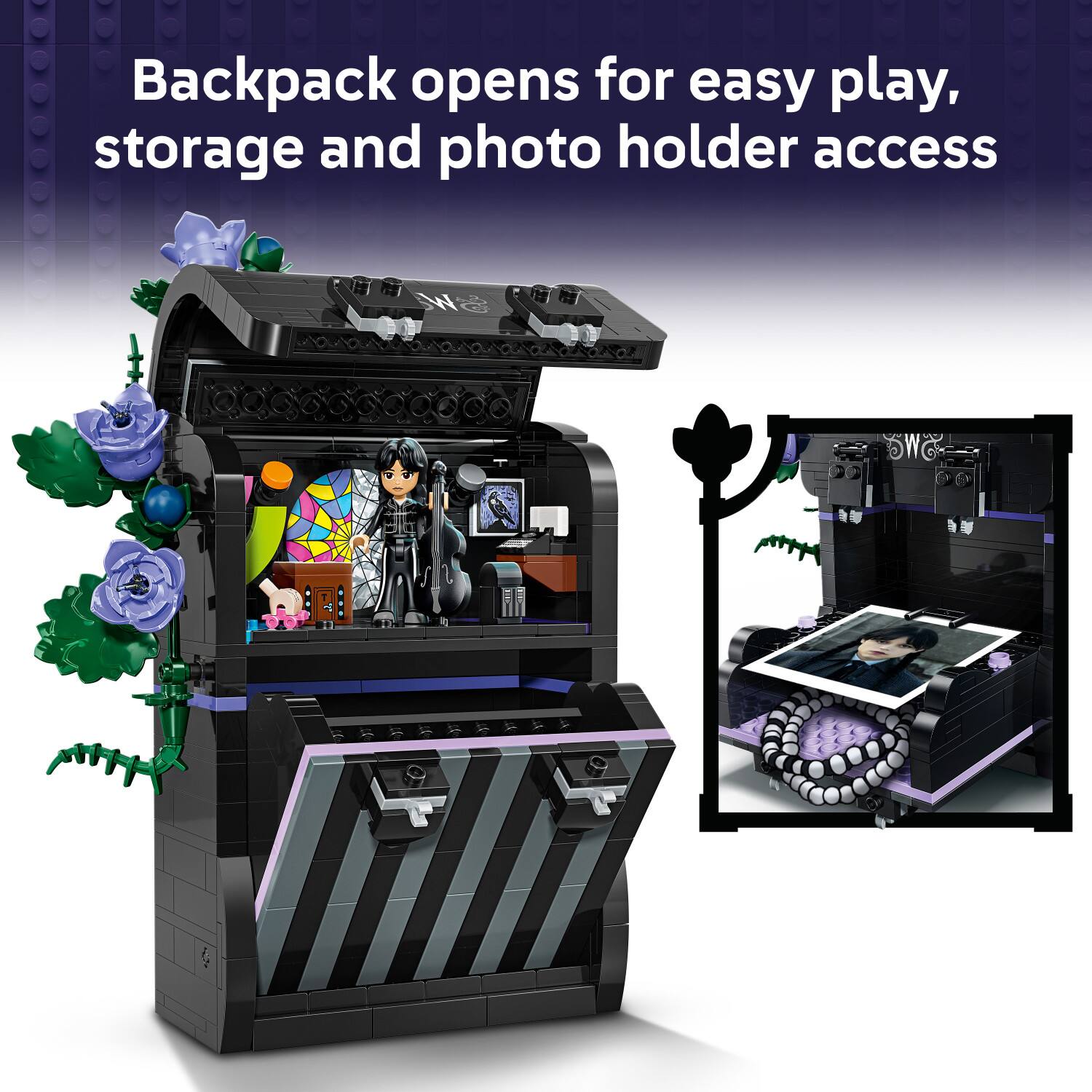 Backpack opens for easy play, storage and photo holder access
