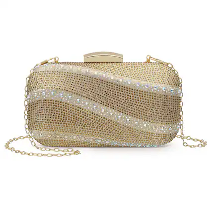 Front. Unique Bargains - Crystal Rhinestones Evening Bag Clutch Purse for Women, Sequin Sparkly Wedding Handbag for Bride Party - Gold.