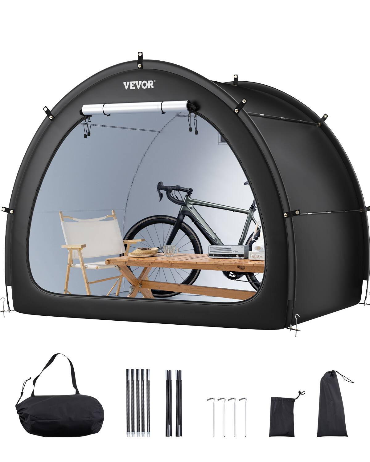 Front. VEVOR - 4 to 5 Bikes, Outdoor Spacious Bike Storage Tent with Ventilated Window, Waterproof Fan-Shaped Bike Tent - Black.