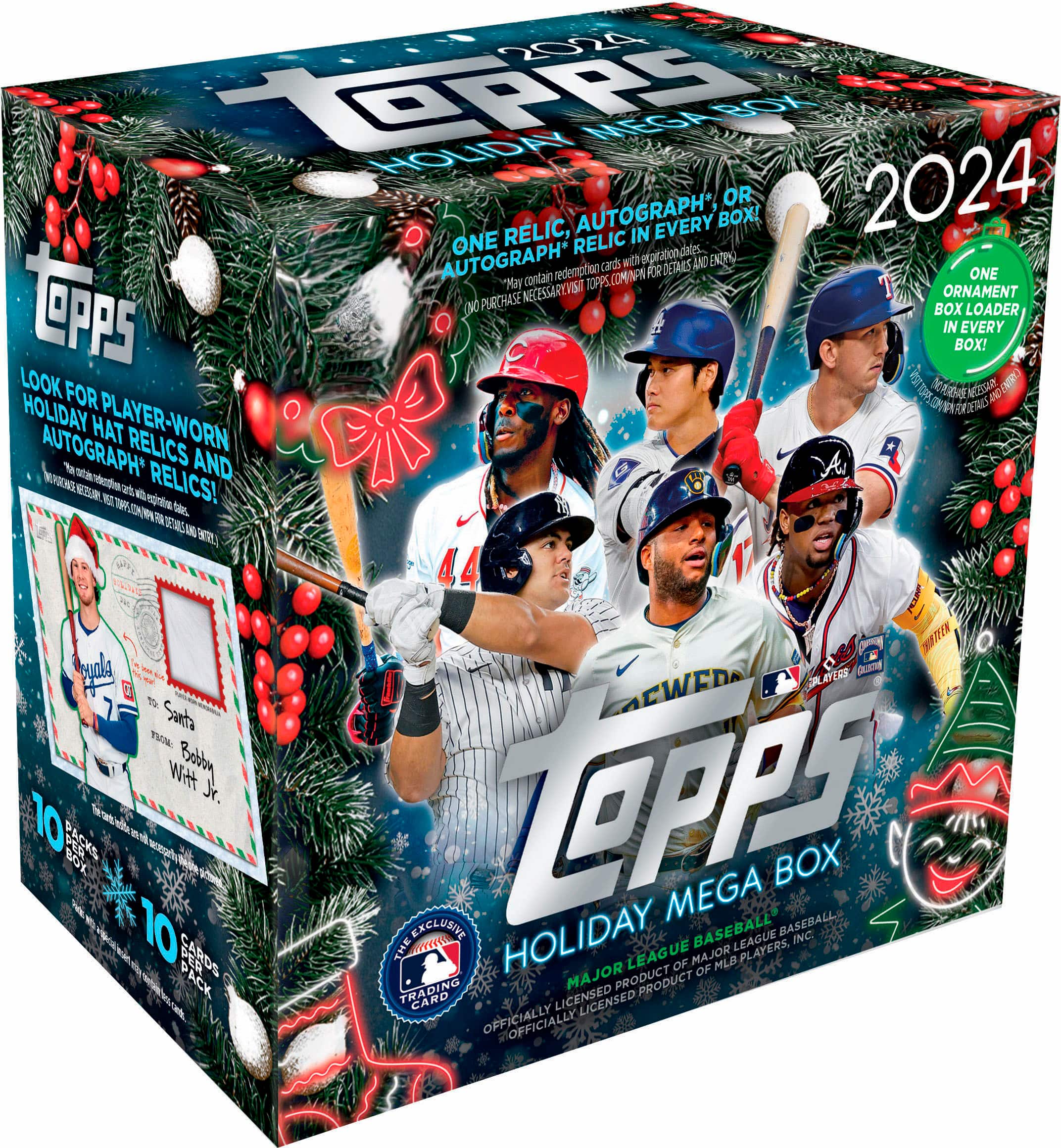 The text on the image is about a baseball card set called Topps. The set includes a Mega Box that contains a Holiday Mega Box, which features exclusive holiday baseball cards. Each box contains a player-worn relic and an autograph, making it a valuable collectible for baseball fans. The set also includes a variety of other cards, such as autographs, relics, and holiday ornaments. The Topps set is a popular choice for collectors and fans of the sport, and it offers a unique opportunity to own a piece of baseball history.