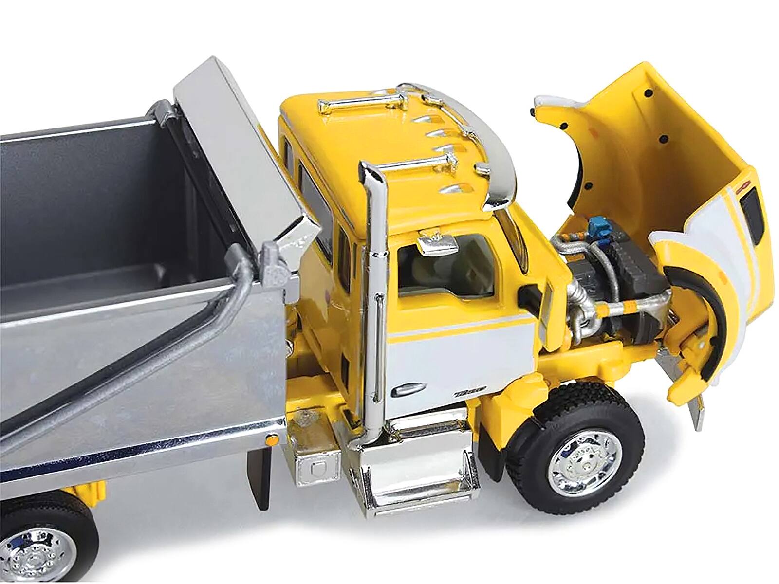Angle. First Gear - Kenworth T880 Day Cab with Rogue Transfer Dump Body Truck Yellow with White and Chrome 1/64 &  by DCP/First Gear - Yellow and White.