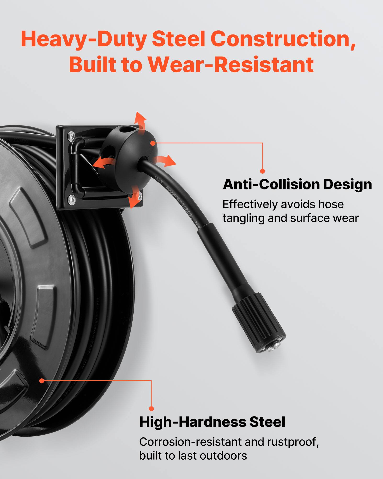 Heavy-Duty Steel Construction, Built to Wear-Resistant

Anti-Collision Design
Effectively avoids hose tangling and surface wear

High-Hardness Steel
Corrosion-resistant and rustproof, built to last outdoors