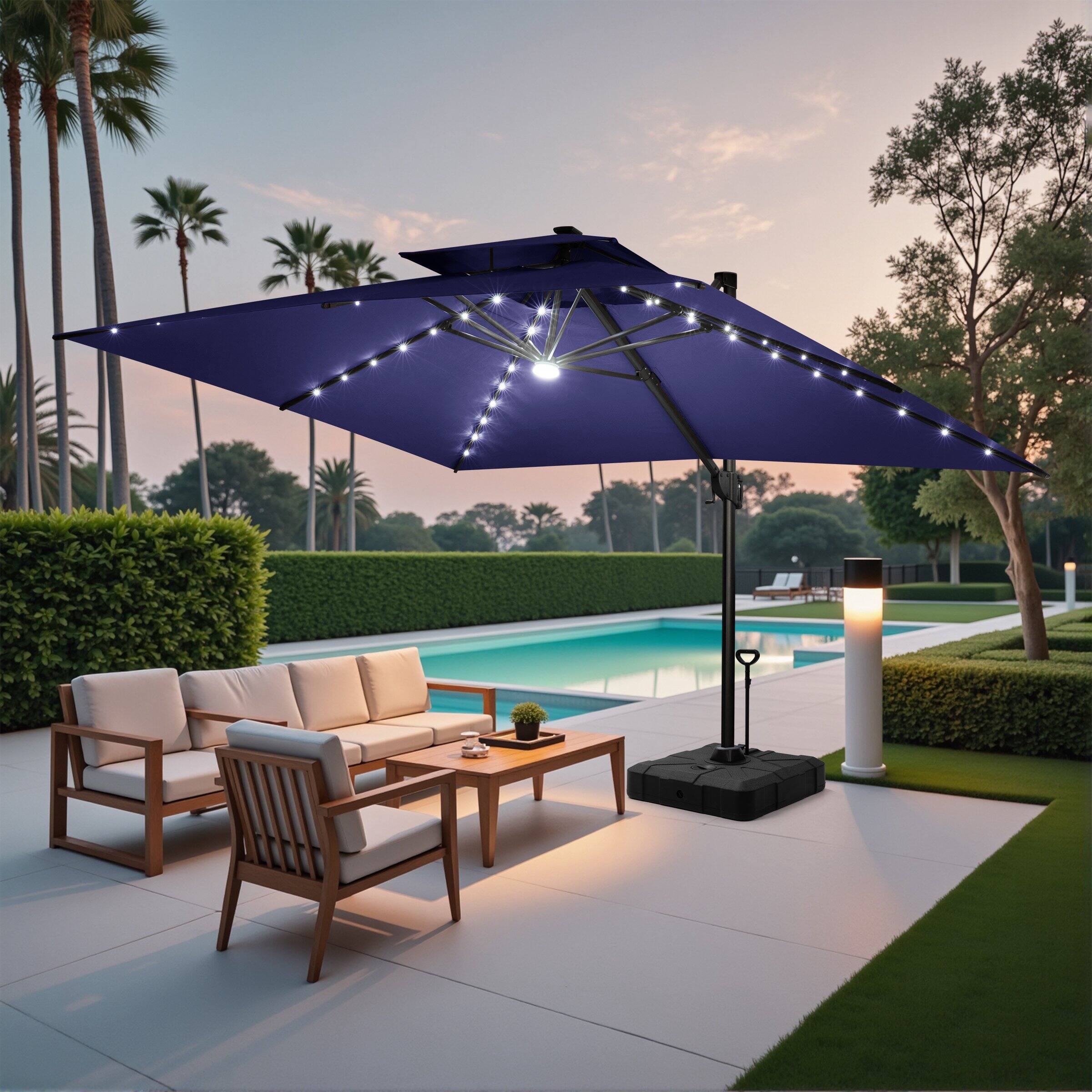 Crestlive Products - 10x13ft Aluminum Double Top Crank Cantilever Patio Umbrella with Lights with Base - Navy blue price history on PriceWatchPro