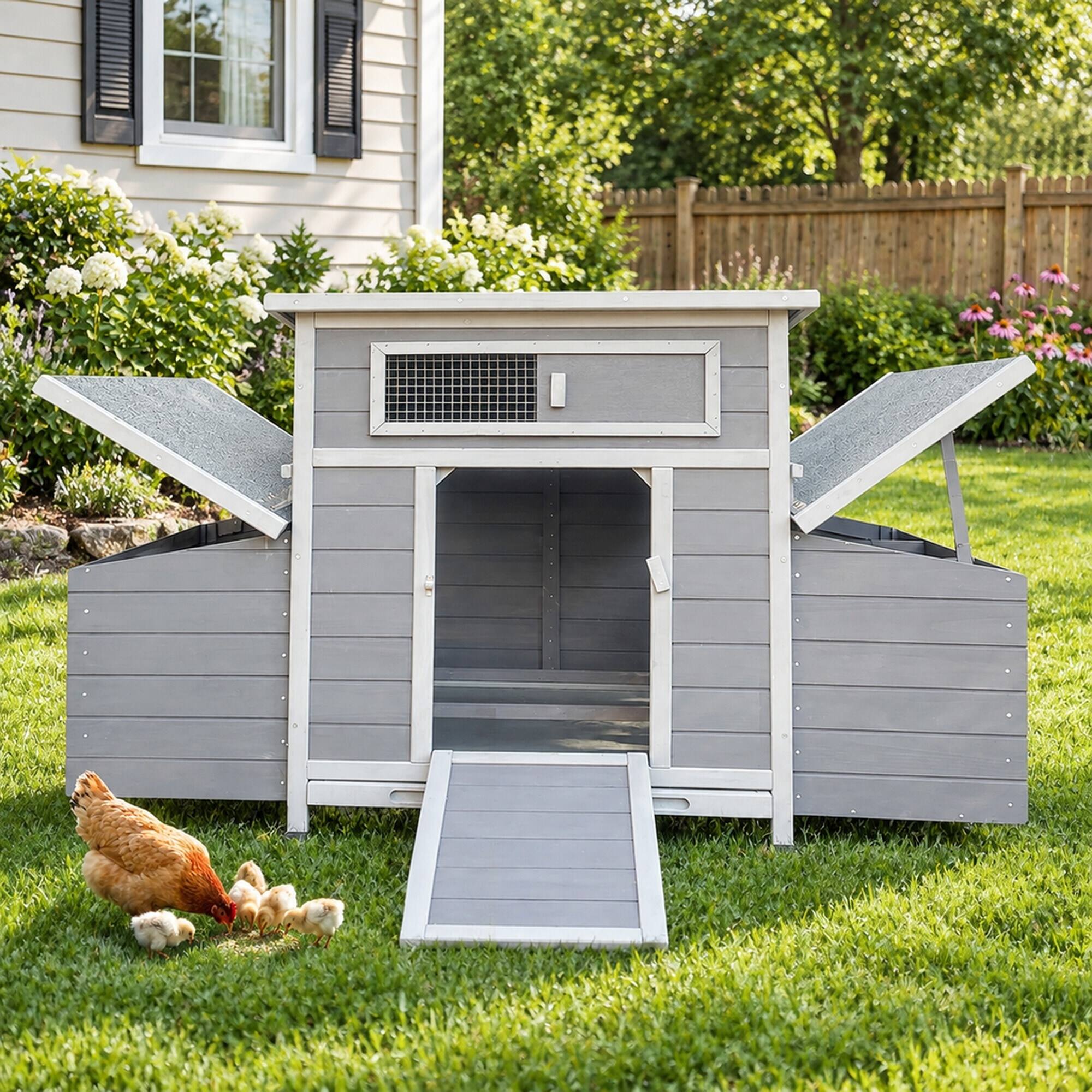 Back. RYHNUYNE - Gray Wooden Chicken Coop, Large Outdoor Hen House, Nesting Box, Run, Waterproof Panels.