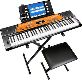 Rockjam - 61 Key Keyboard Piano Kit with Pitch Bend, Keyboard Stand, Keyboard Bench, Sheet Music Stand & Lessons - Black