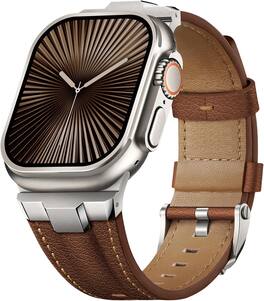Core Tech - Genuine Leather Band for Apple Watch 49/46/45/44/42mm (Series 3), Adjustable - Titanium/Classic Chestnut Brown
