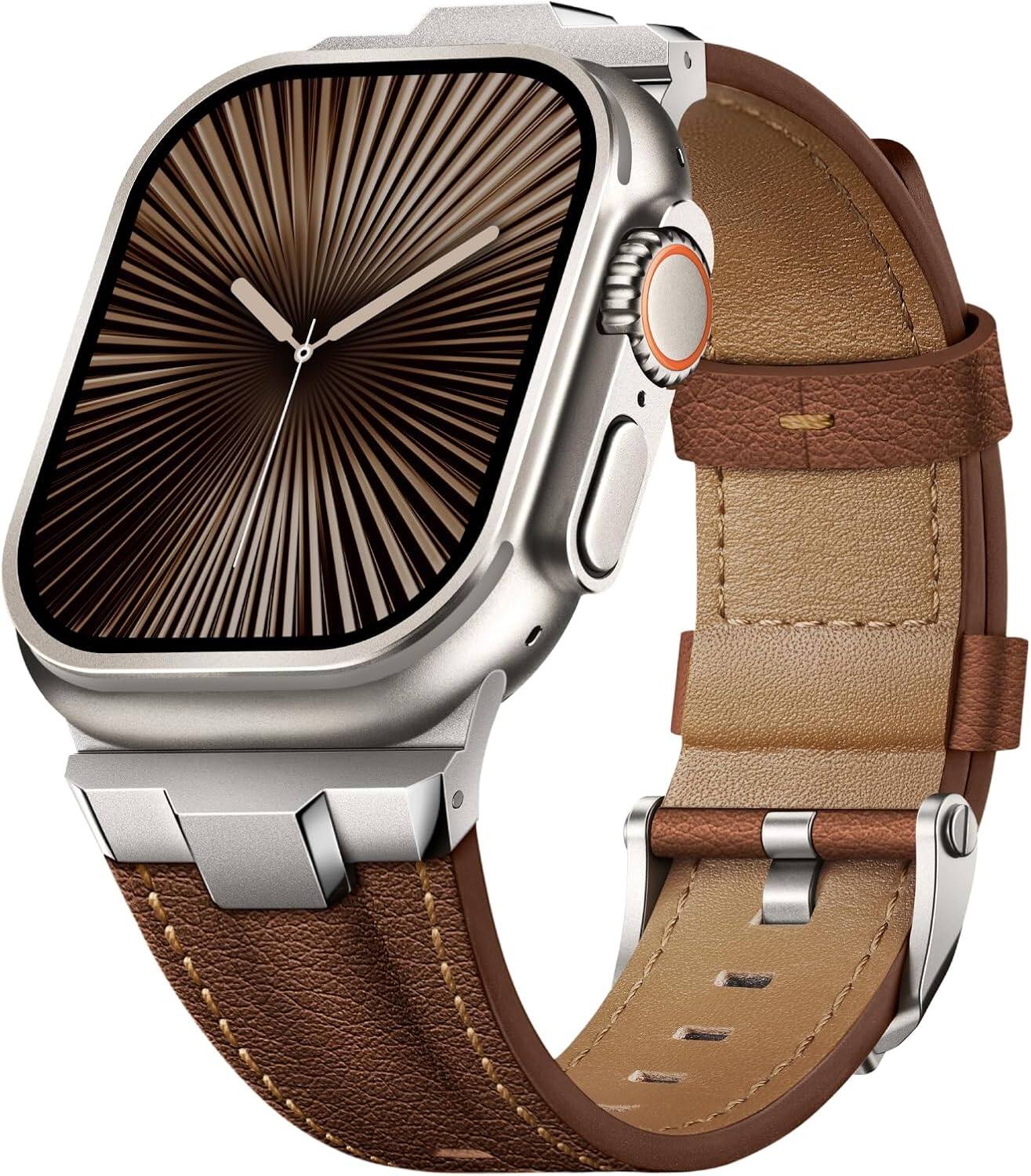 Front. Core Tech - Genuine Leather Band for Apple Watch 49/46/45/44/42mm (Series 3), Adjustable - Titanium/Classic Chestnut Brown.